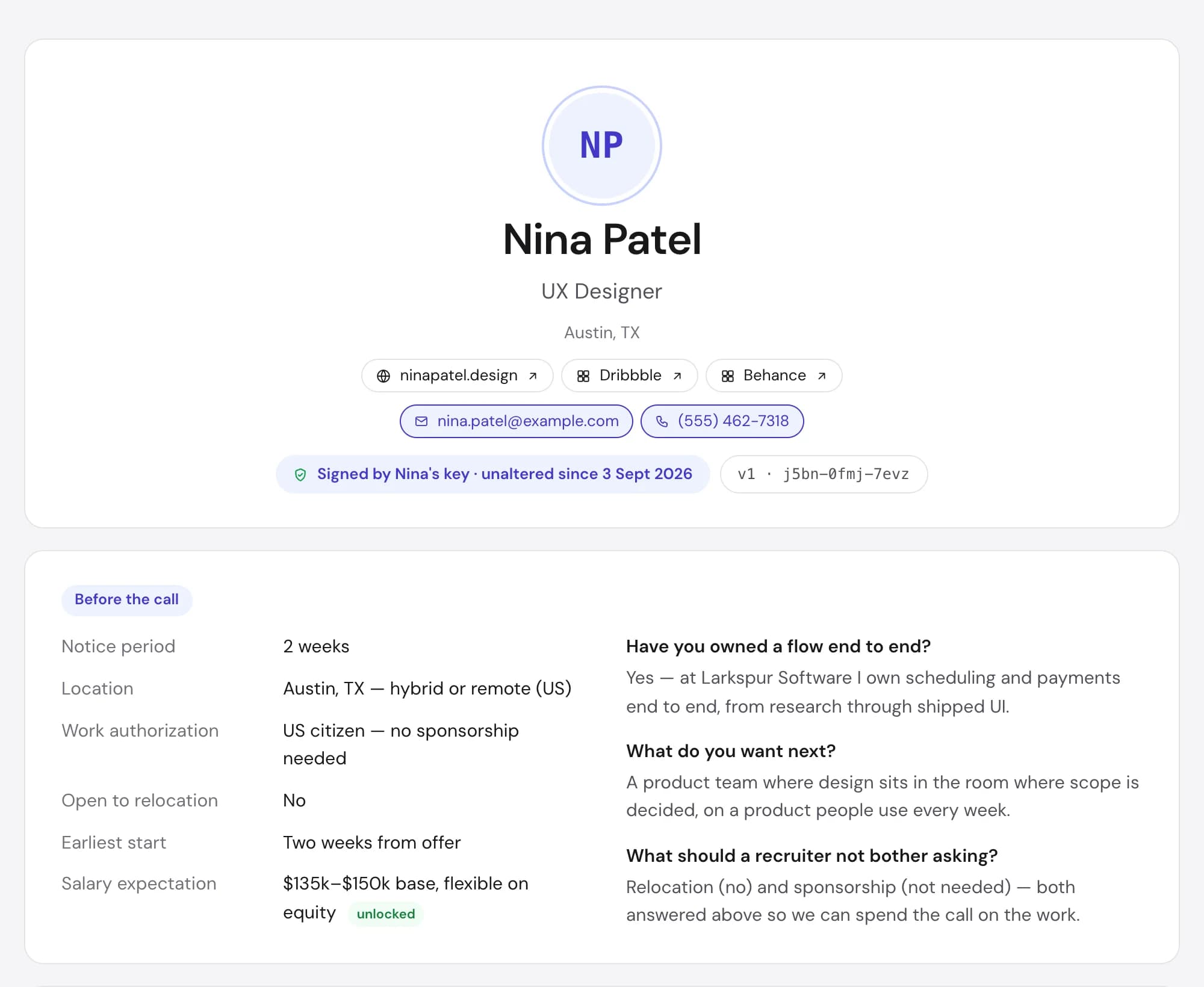 The same Persona after the share code: email, phone and the salary row open