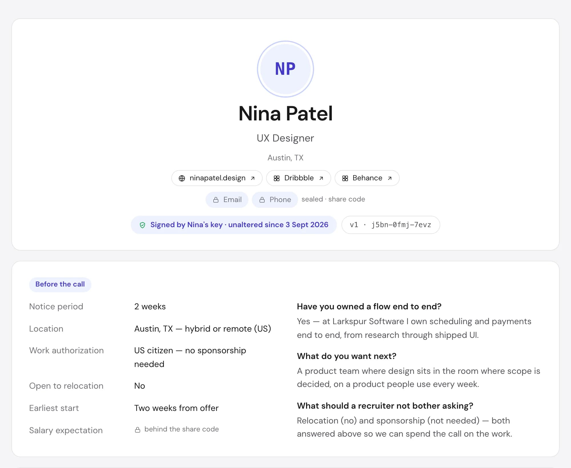 Nina Patel's Persona in the Studio Indigo theme: name, headline, work links, and the screening answers up front, with contact sealed