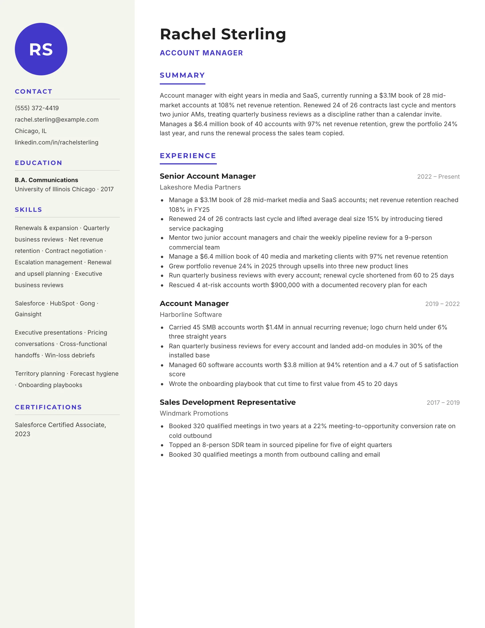 Account Manager · Monogram resume template preview