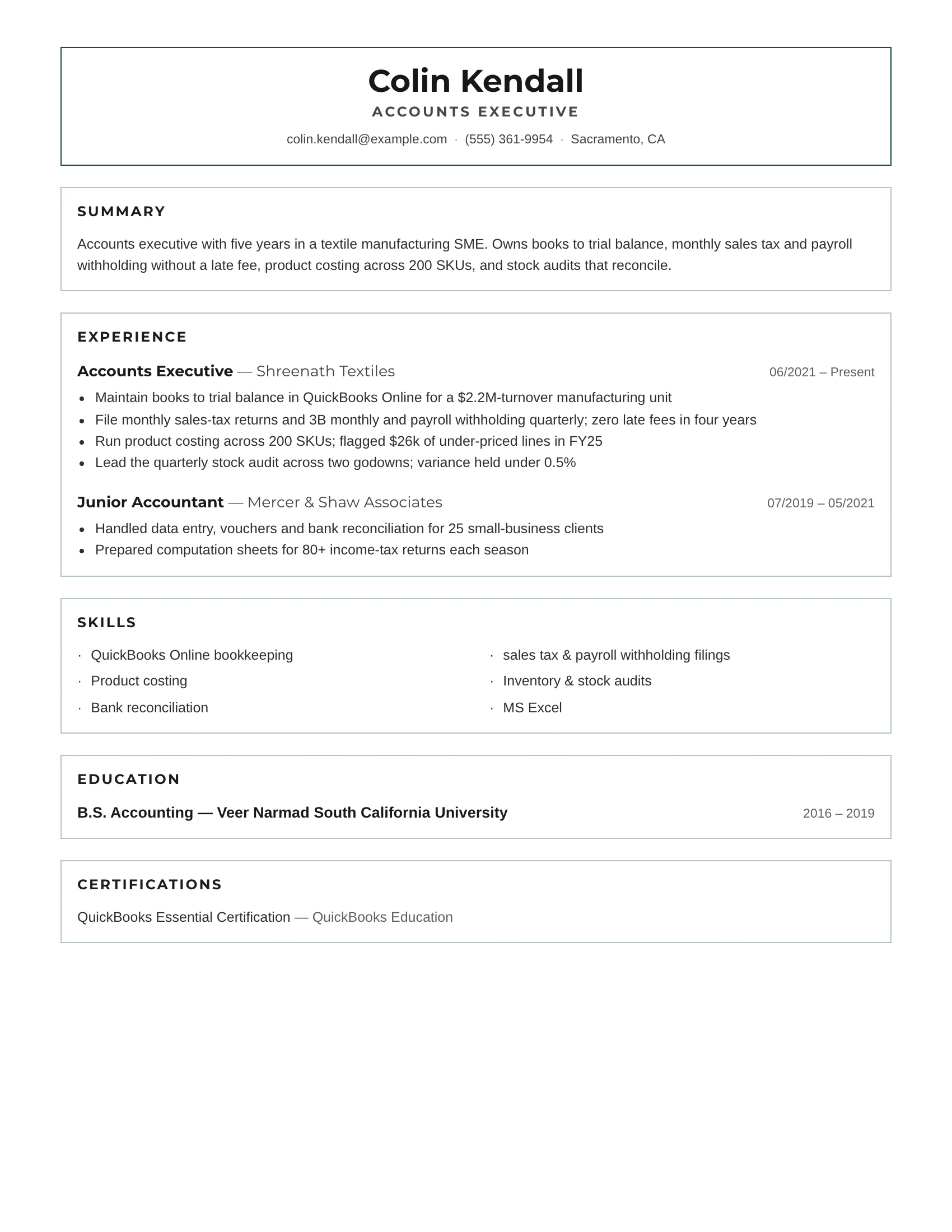 Accounts Executive · Outline (Forest) resume template preview