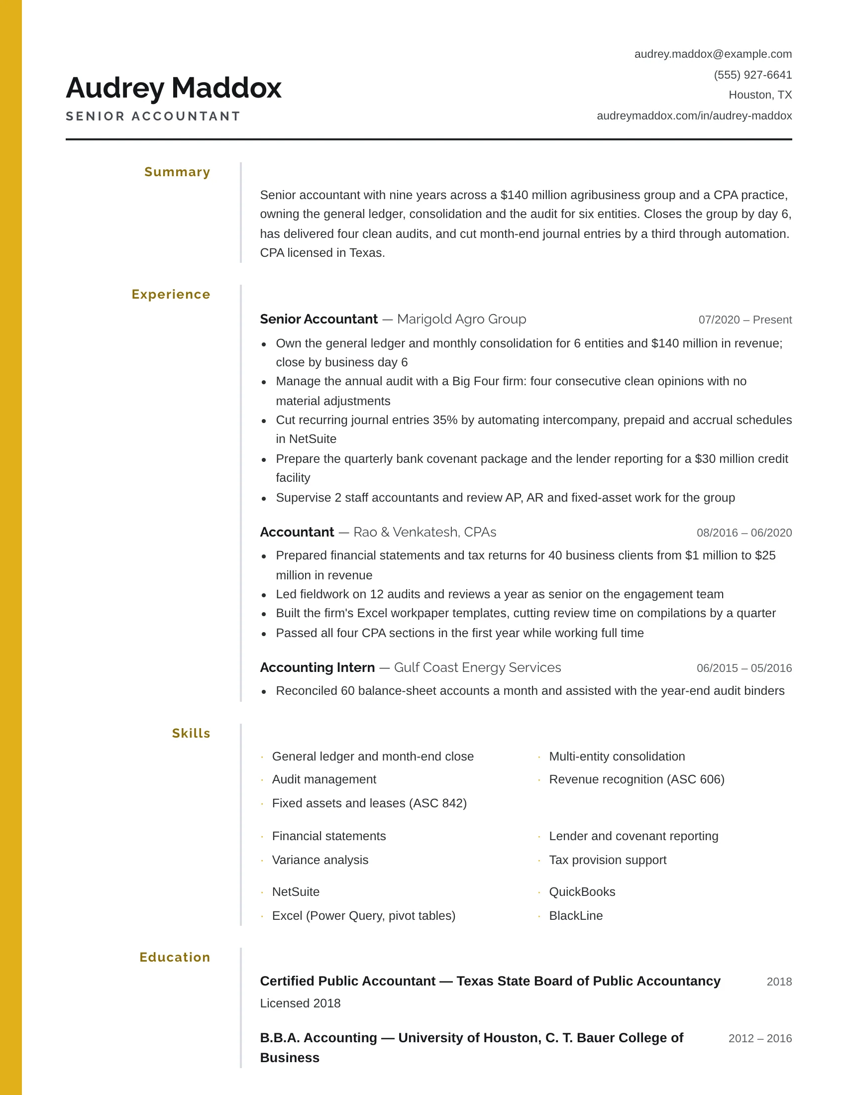 Senior Accountant · Yellow Bar resume template preview