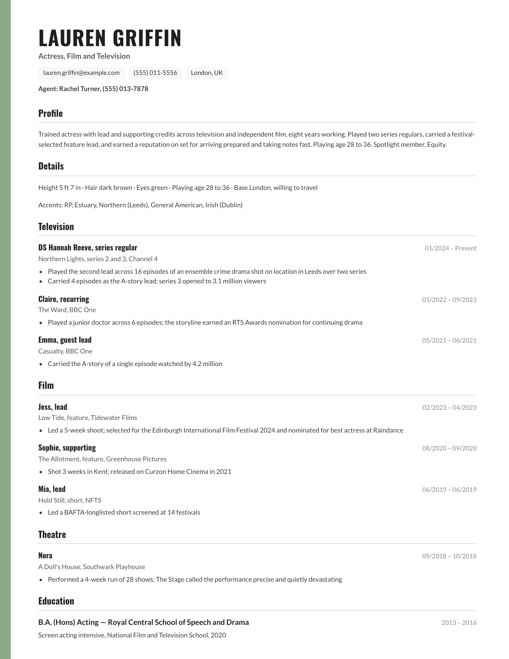Actor · Credits resume template preview