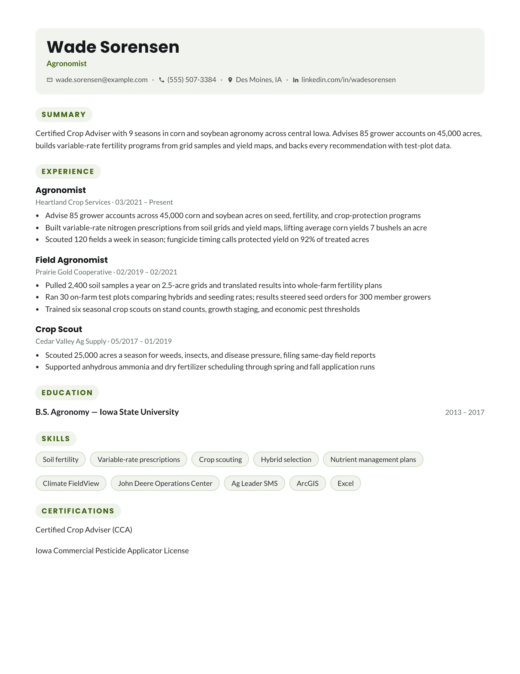 Agronomist · Harvest resume template preview