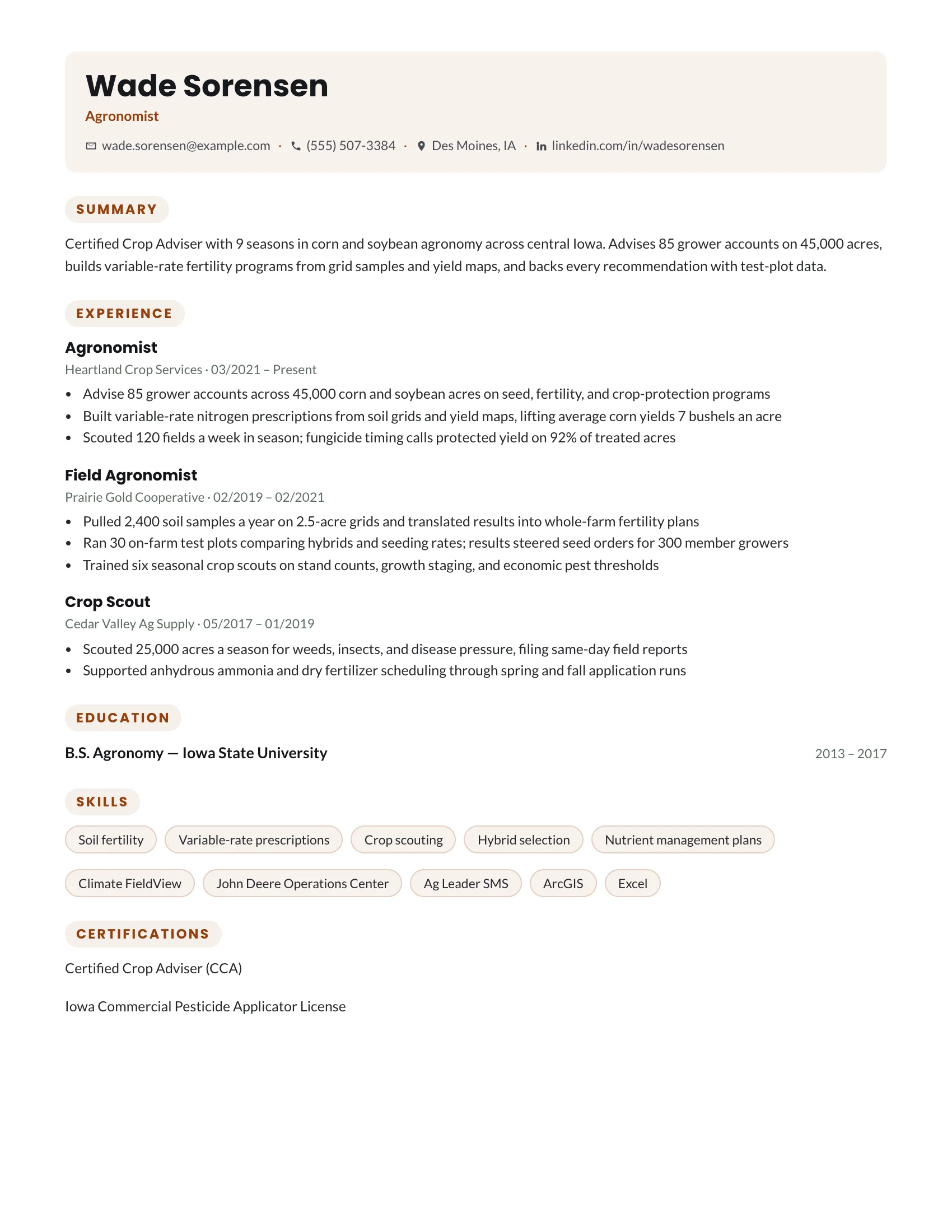 Agronomist · Harvest (Rust) resume template preview