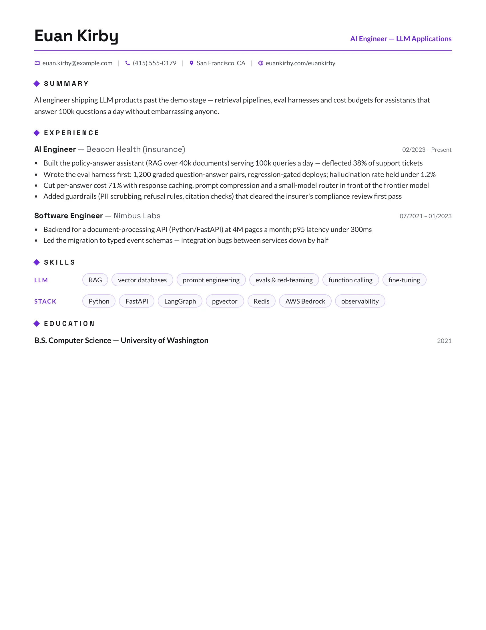 AI Engineer · Inference resume template preview