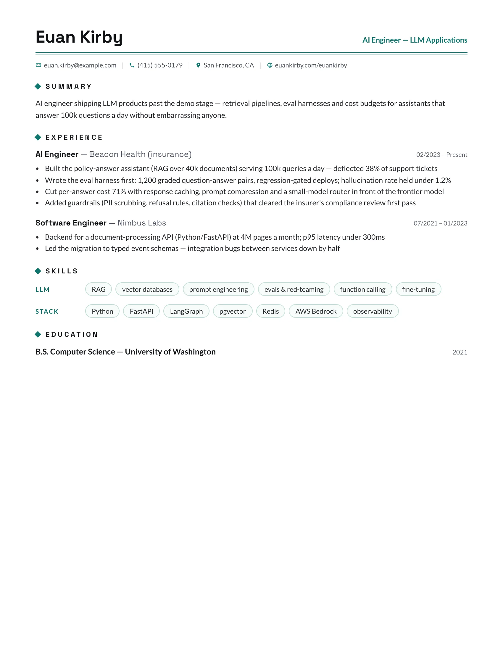 AI Engineer · Inference (Teal) resume template preview