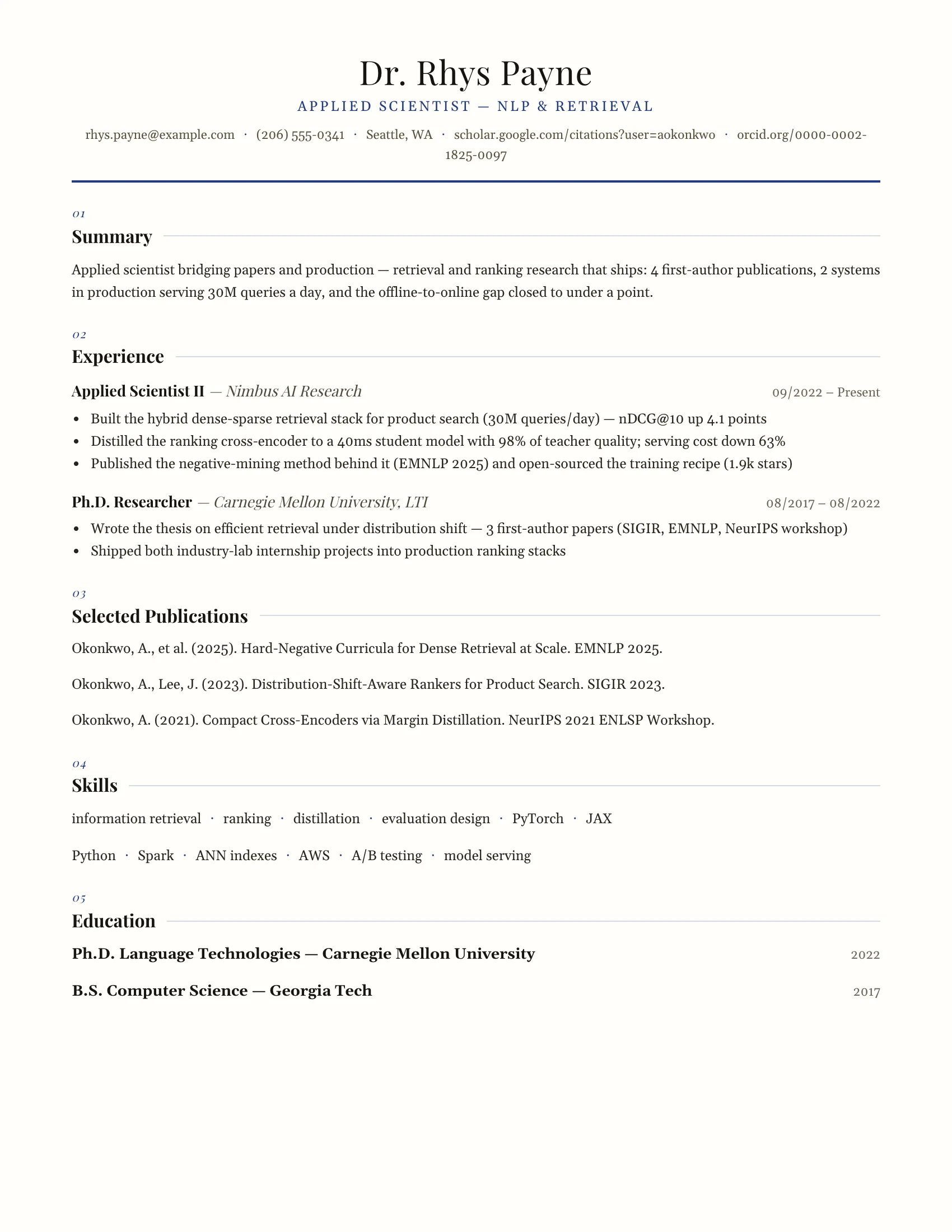 Applied Scientist · Scholar (Blue) resume template preview