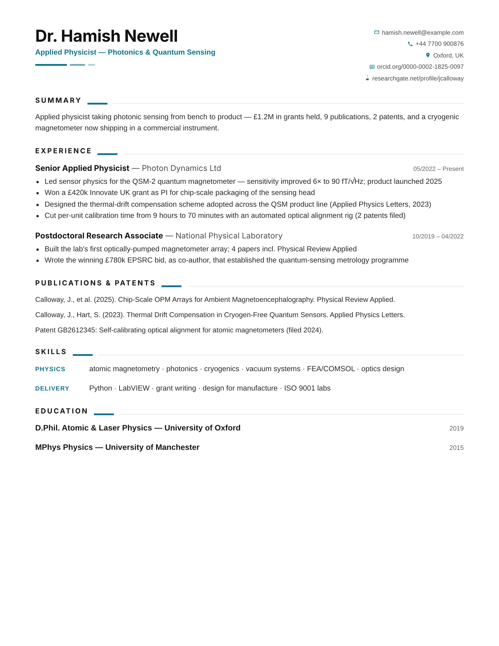 Applied Physicist · Spectrum resume template preview