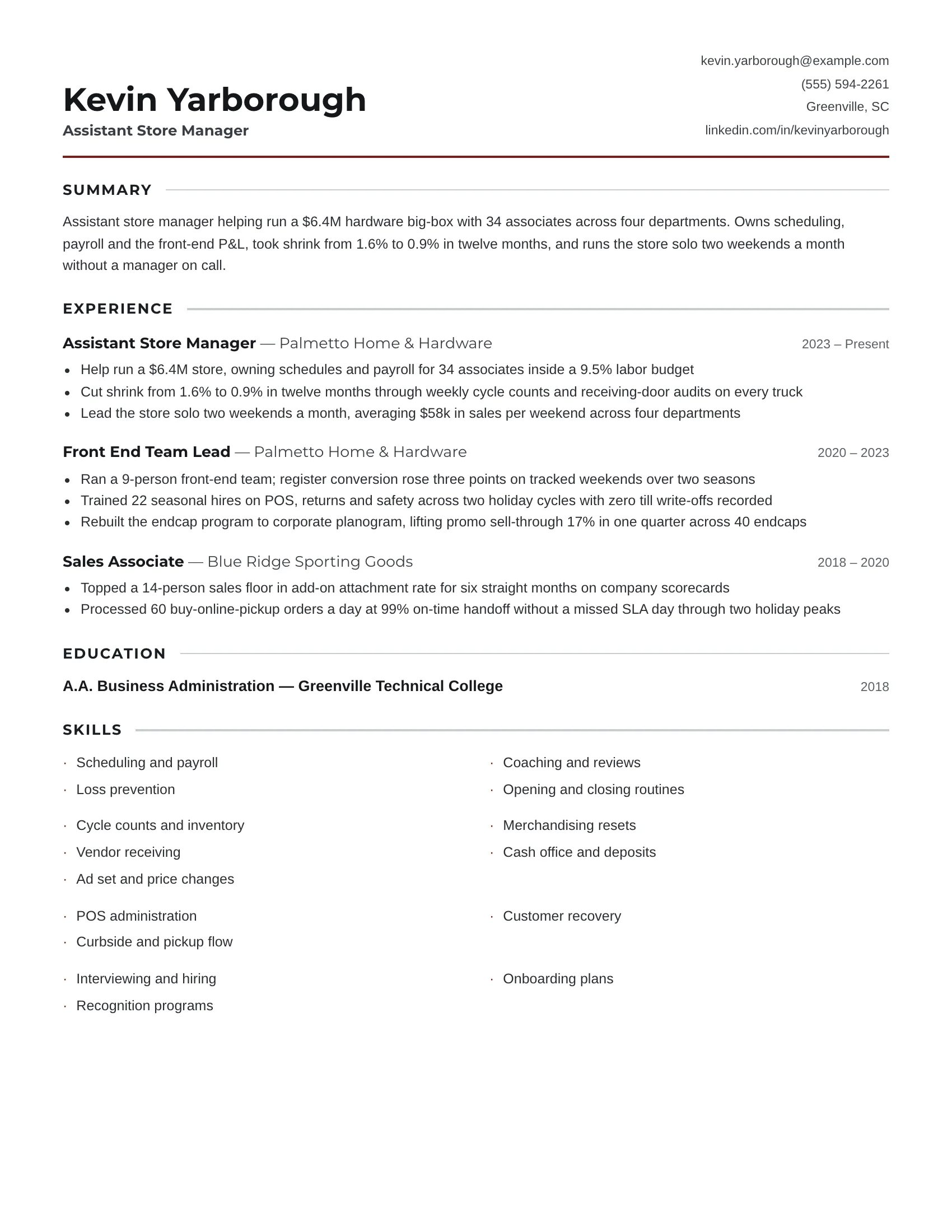 Assistant Store Manager · Counter resume template preview
