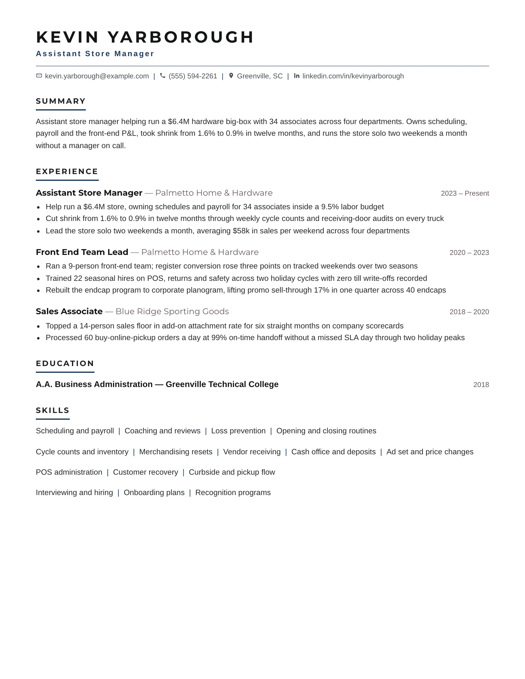 Assistant Store Manager · Visibility resume template preview
