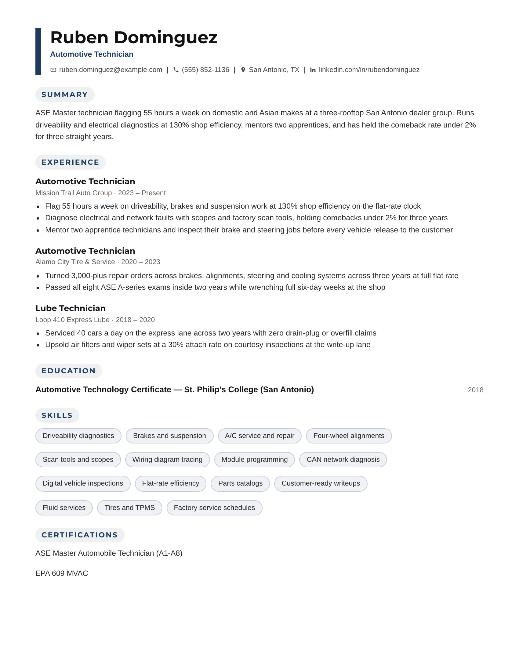 Automotive Technician · Dotts resume template preview