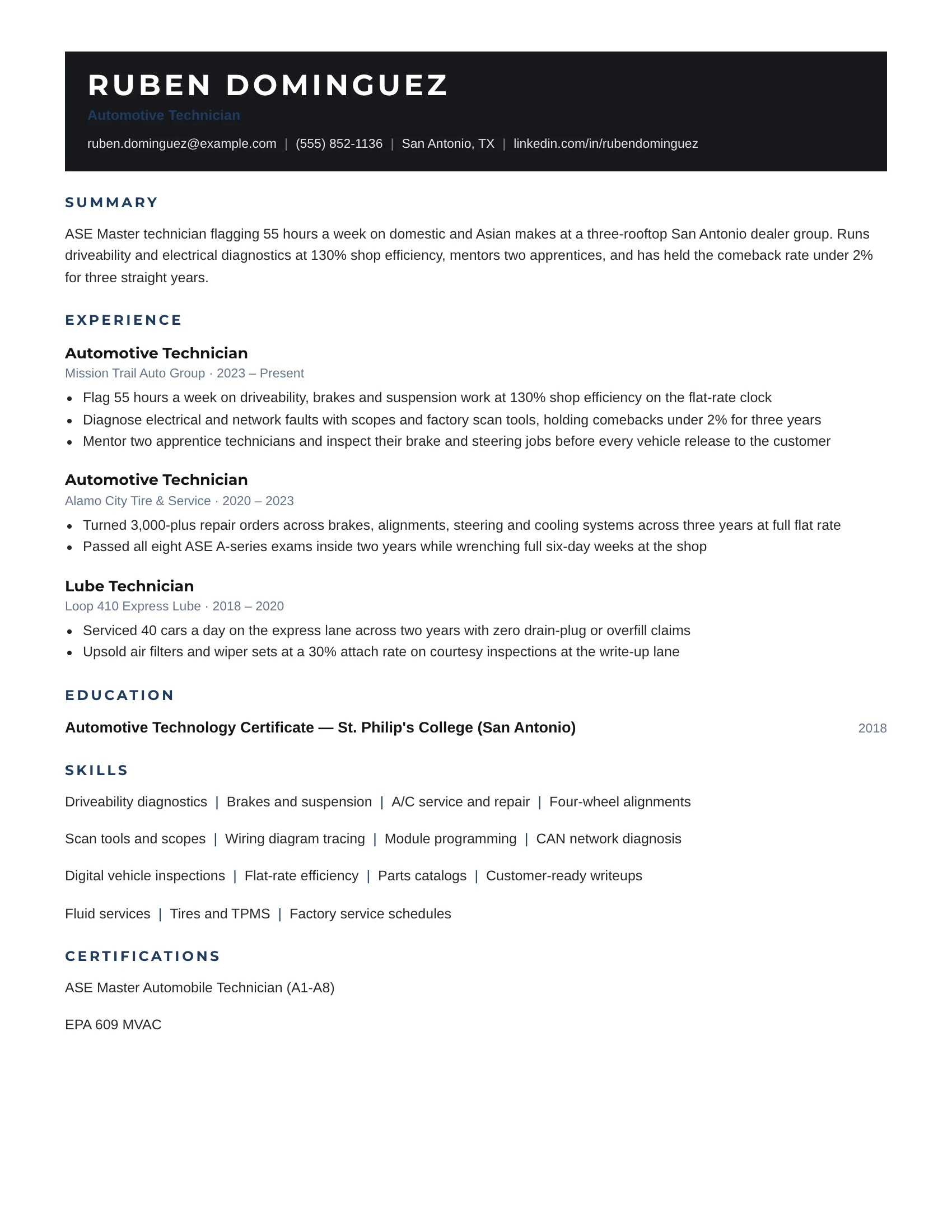 Automotive Technician · Midnight resume template preview