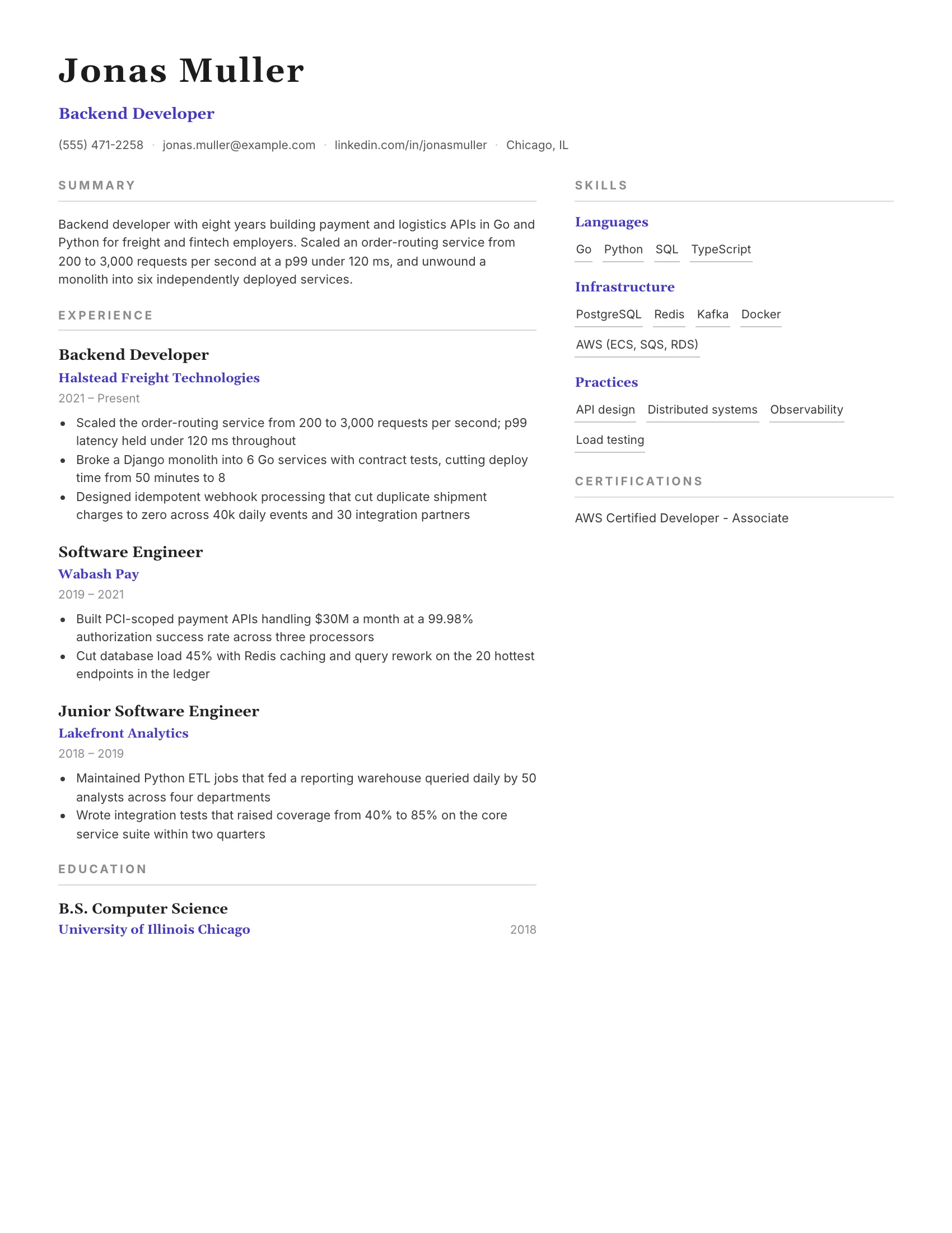 Backend Developer · Backend resume template preview