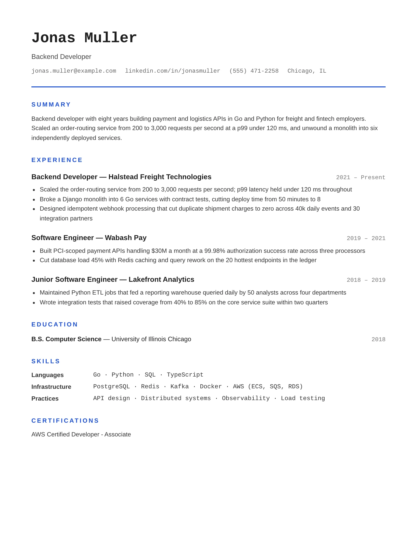 Backend Developer · Monospace resume template preview