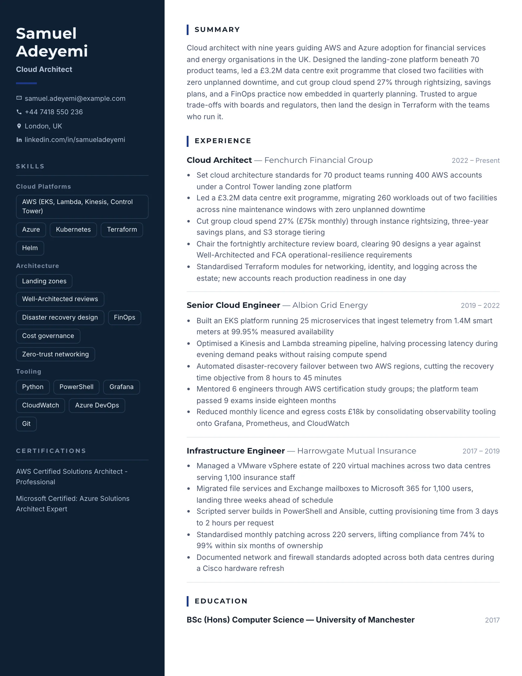 Cloud Architect · Bandwidth (Blue) resume template preview