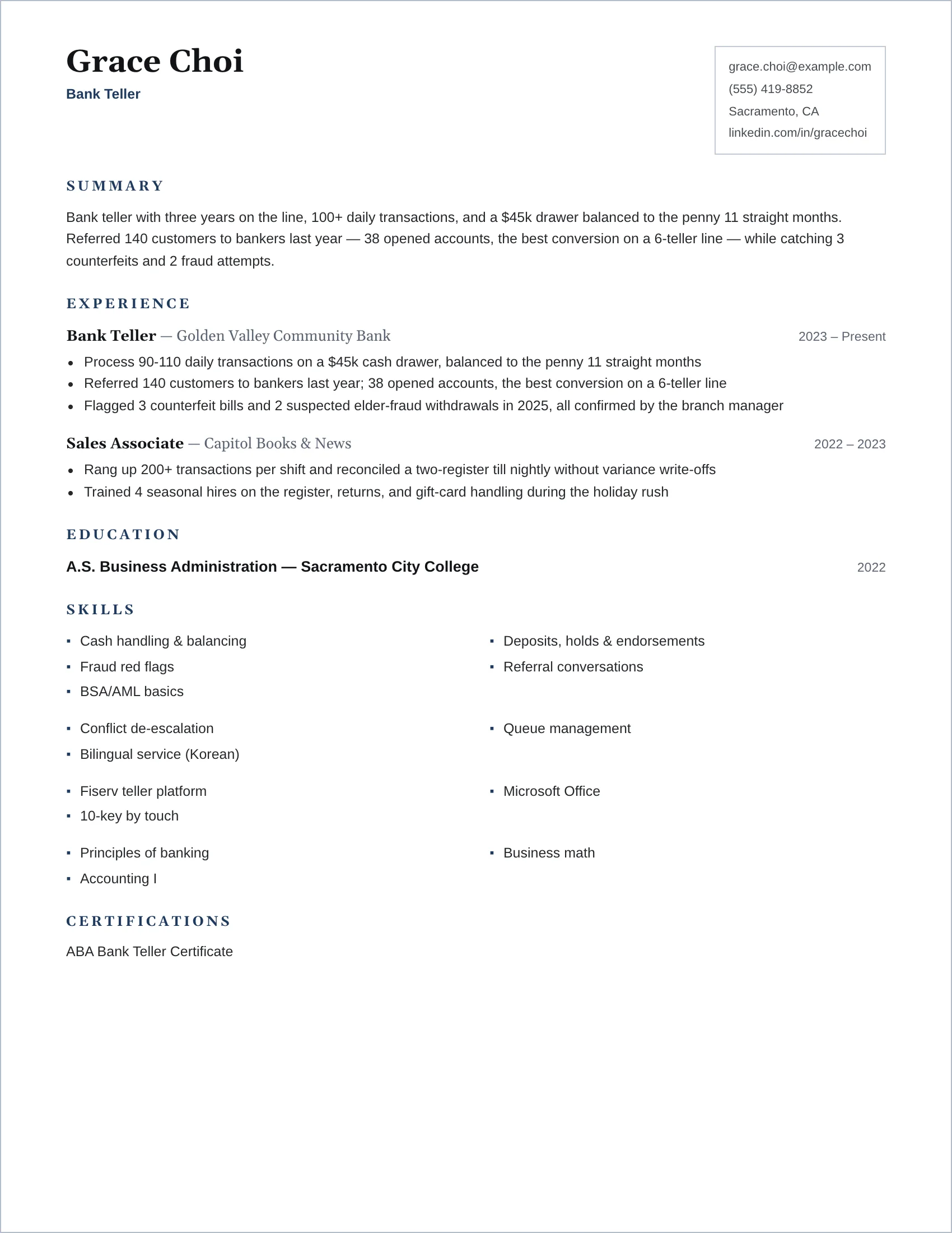 Bank Teller · Frame resume template preview