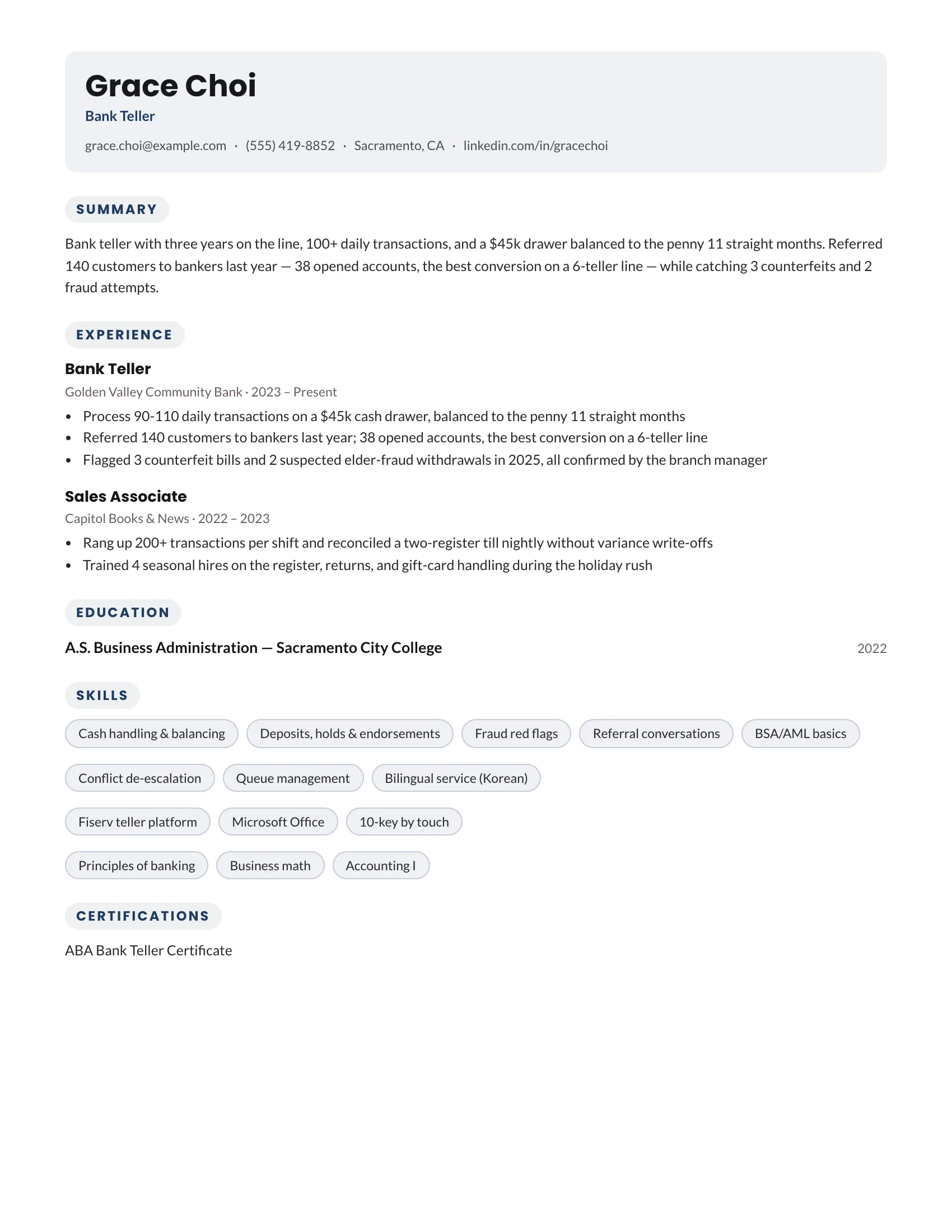 Bank Teller · Soft resume template preview