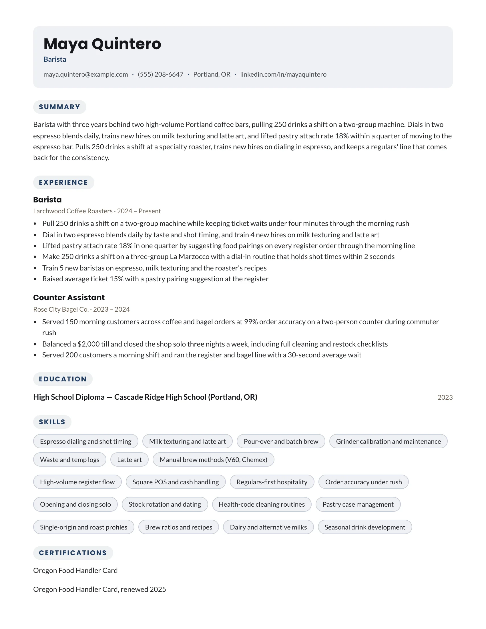 Barista resume example — sample document