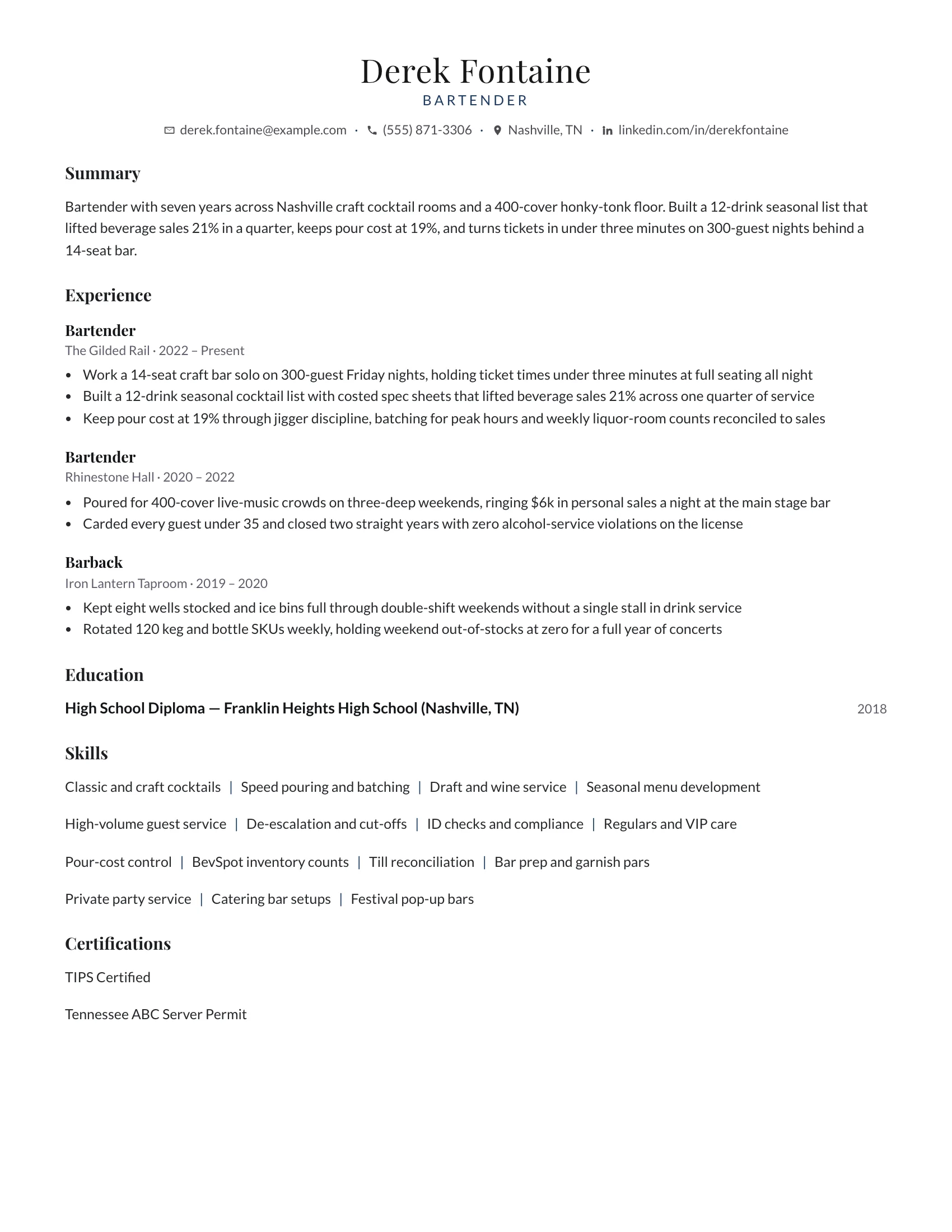Bartender · Classy resume template preview