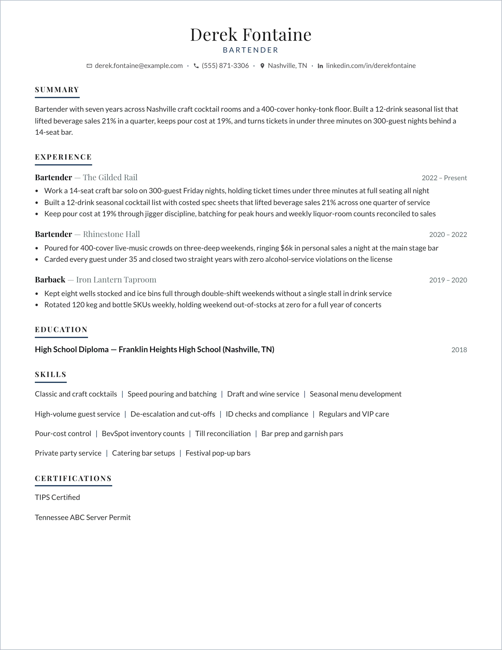 Bartender · Postcard resume template preview