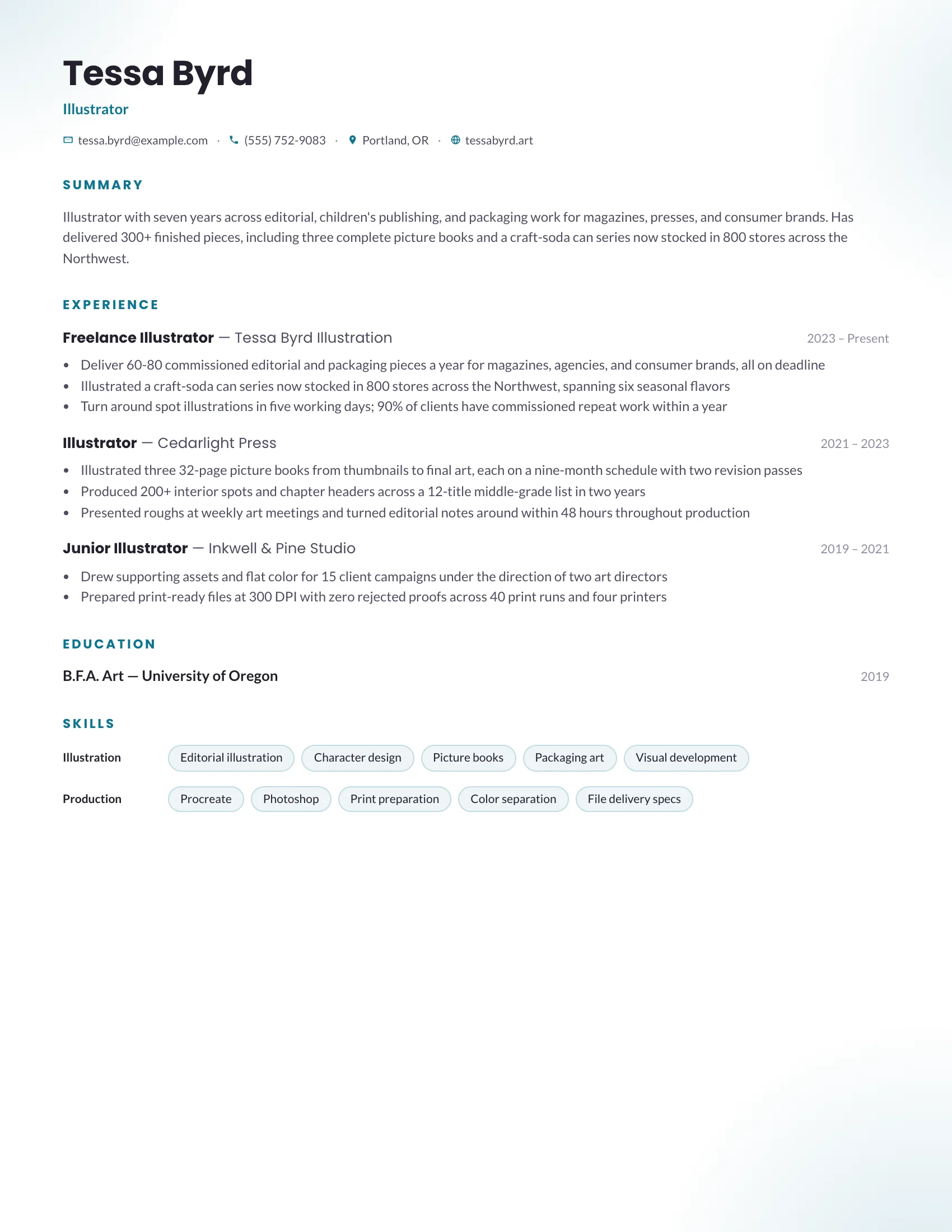 Illustrator · Fields (Teal) resume template preview