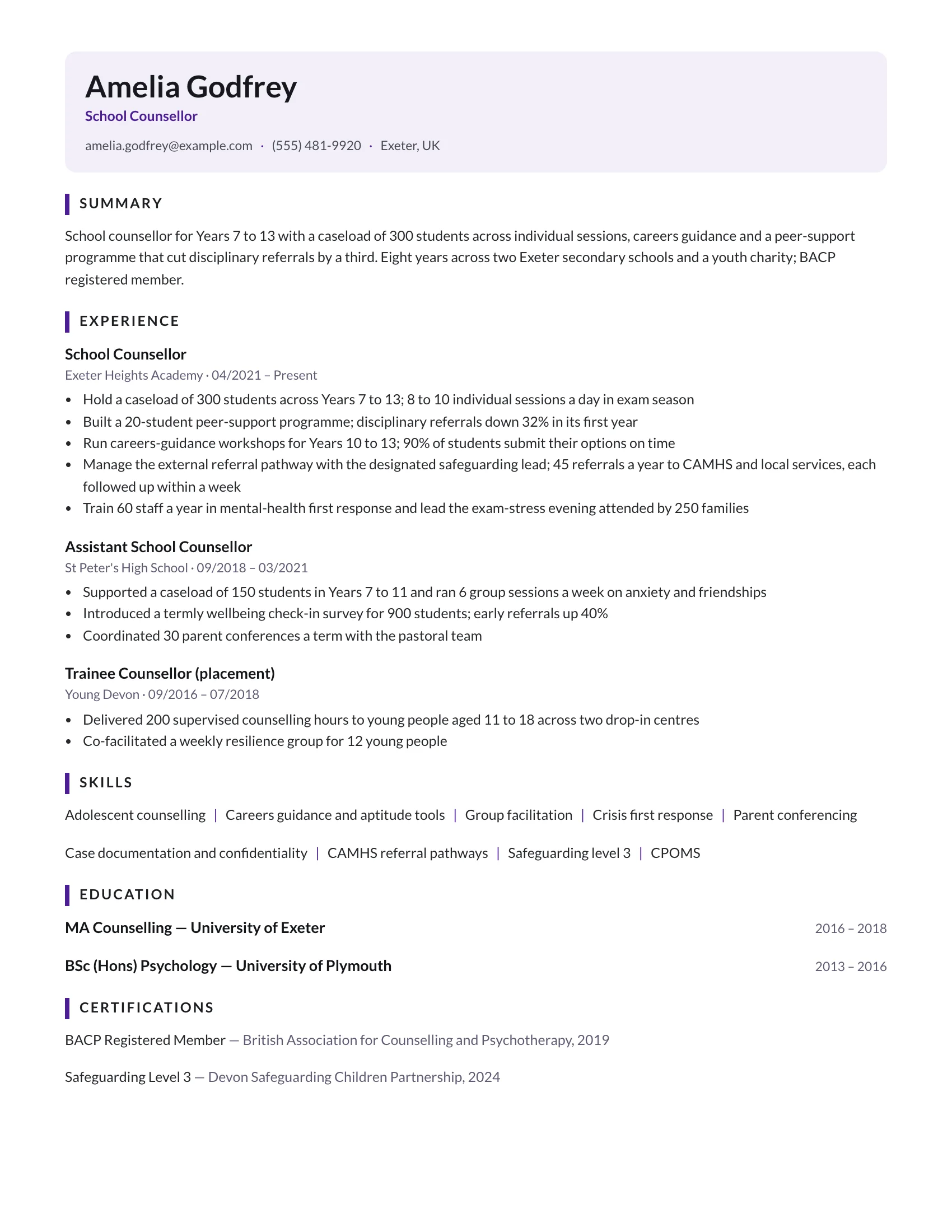 Counsellor · Calm resume template preview
