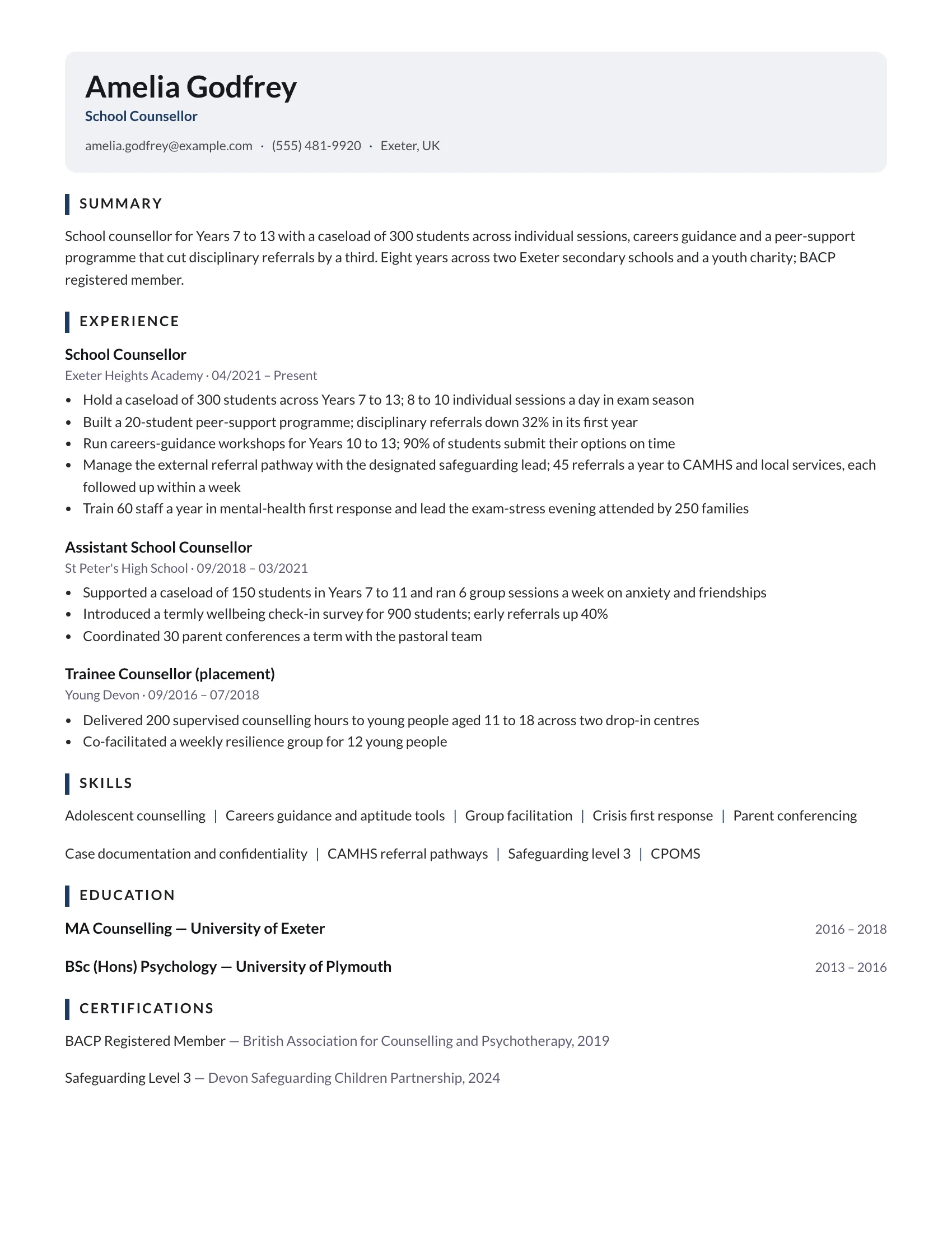 Counsellor · Calm (Navy) resume template preview