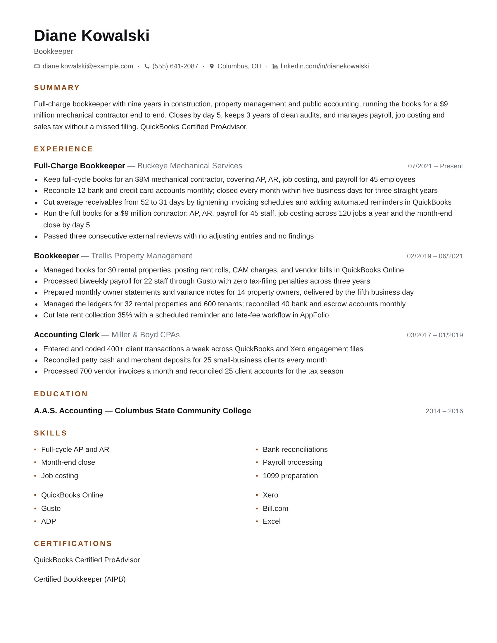 Bookkeeper resume example — sample document