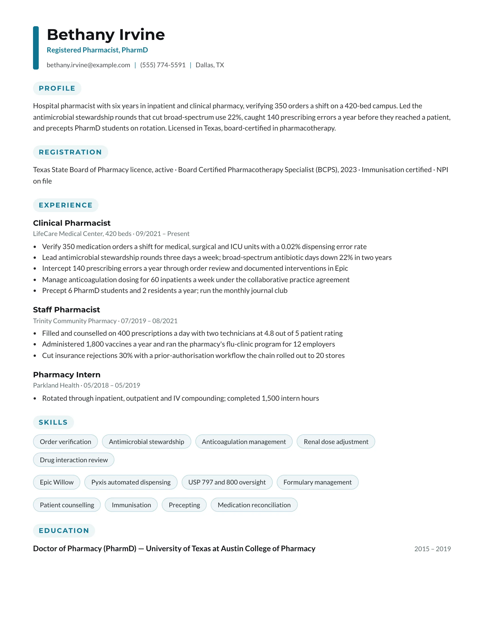 Pharmacist · Bookmark resume template preview