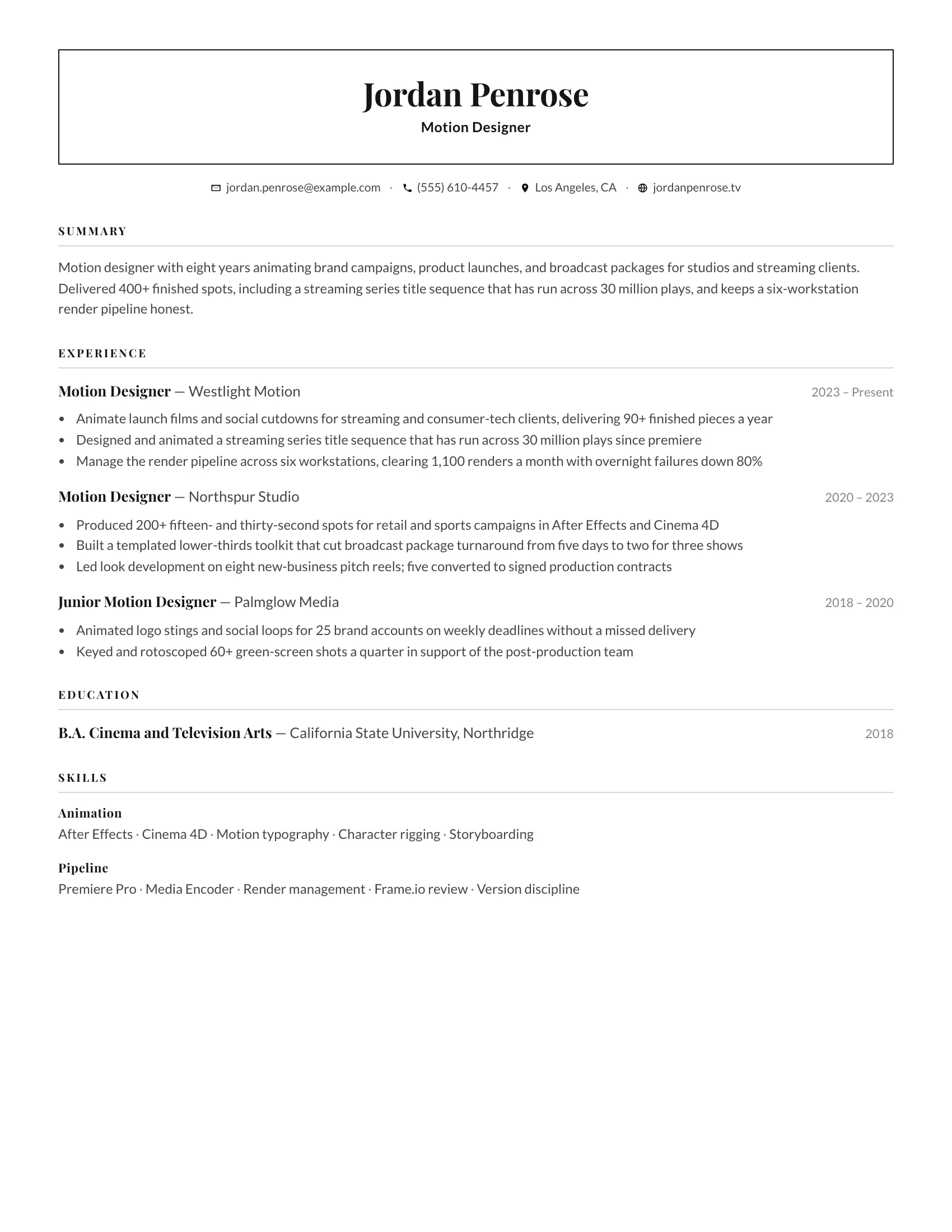 Motion Designer · Boxed resume template preview