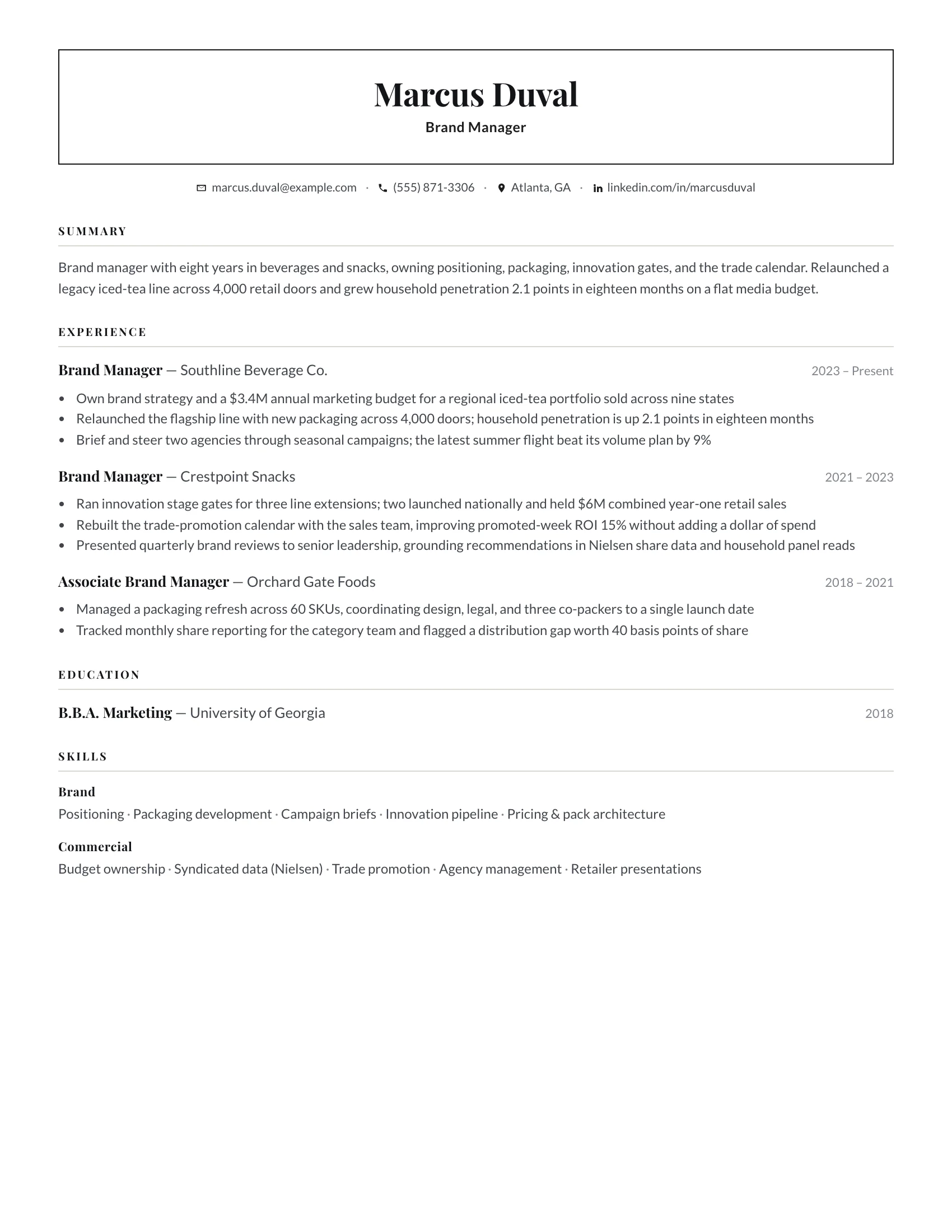 Brand Manager · Boxed resume template preview