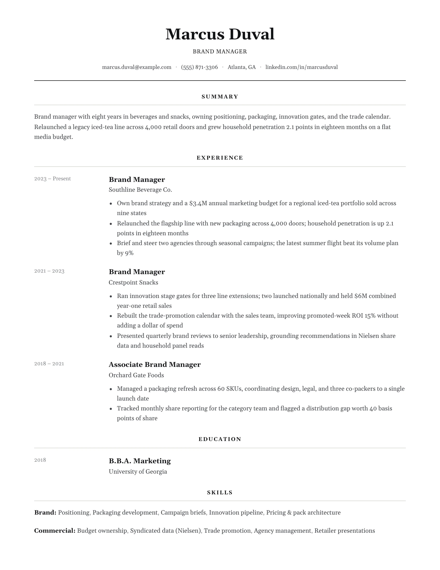 Brand Manager · Centred resume template preview