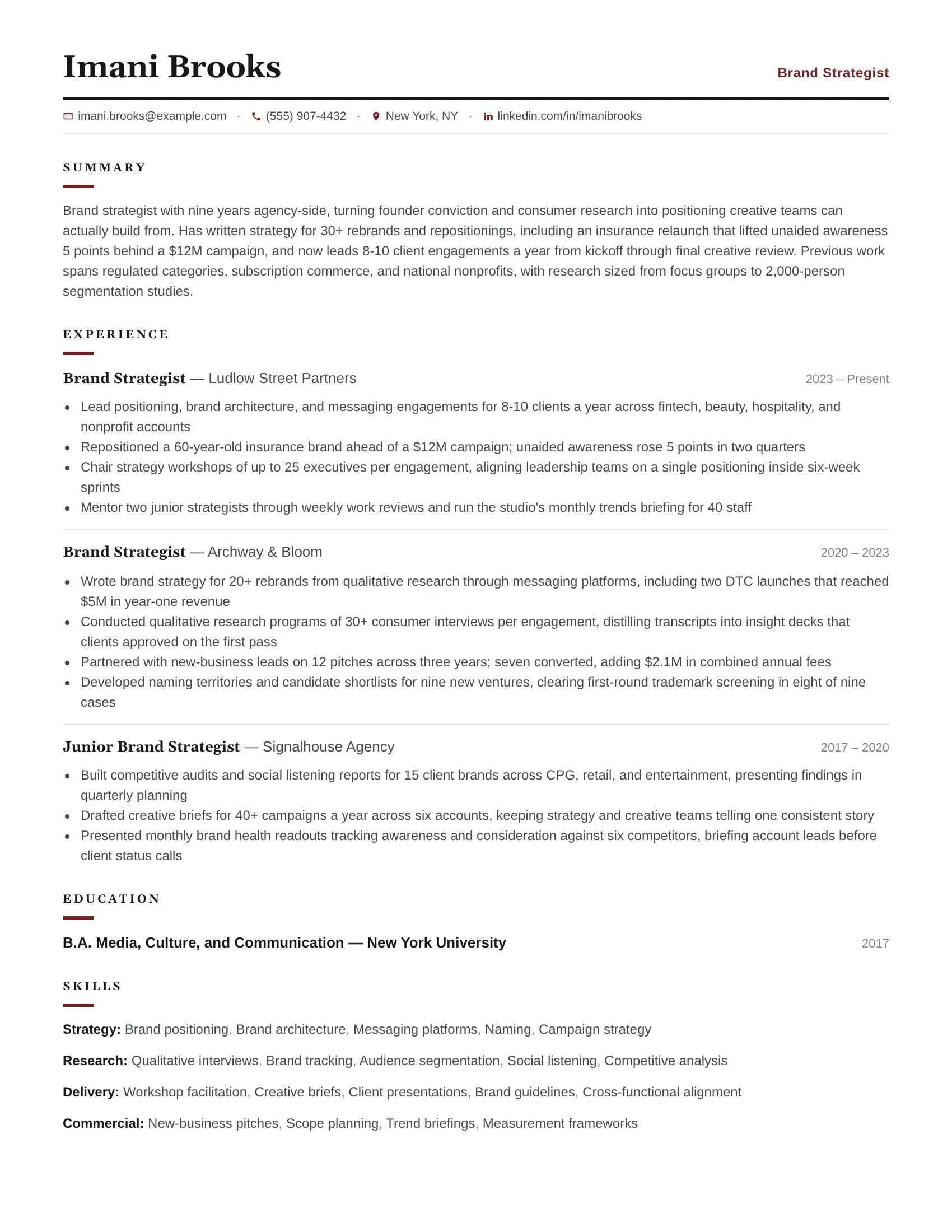 Brand Strategist · Rowline resume template preview