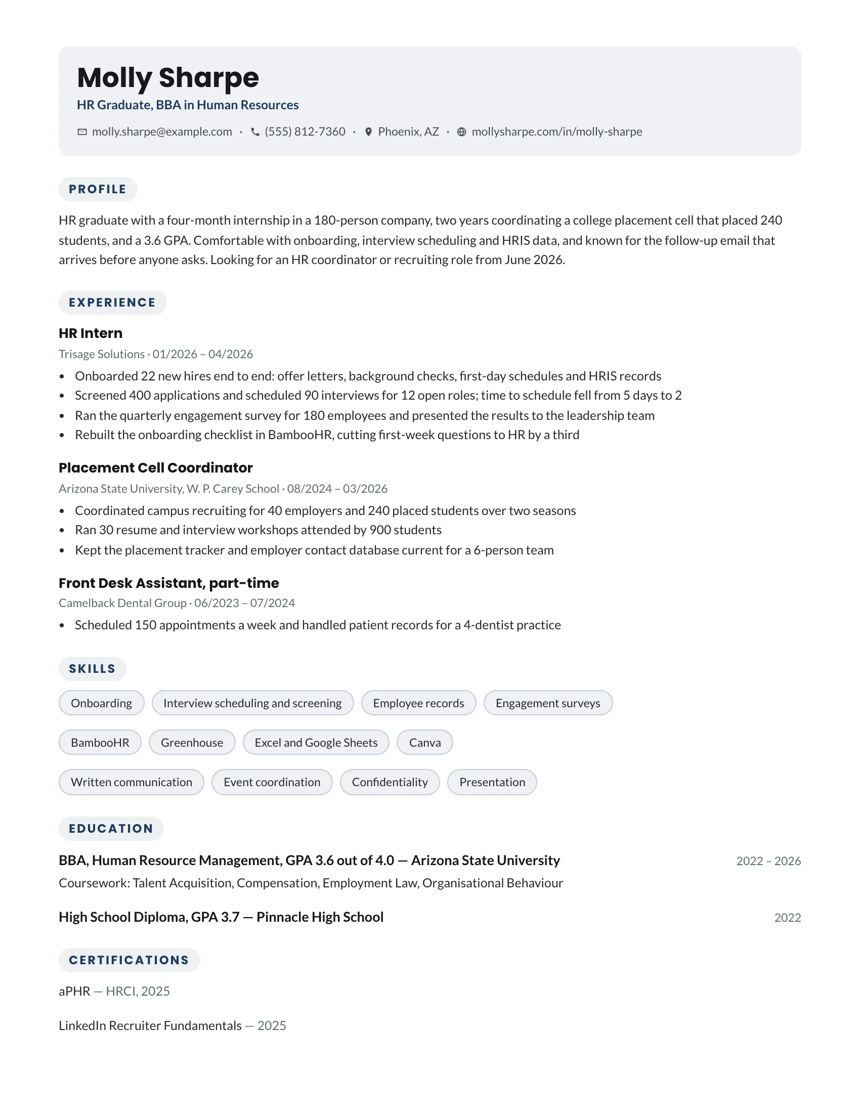 HR Trainee · Bubbles (Navy) resume template preview