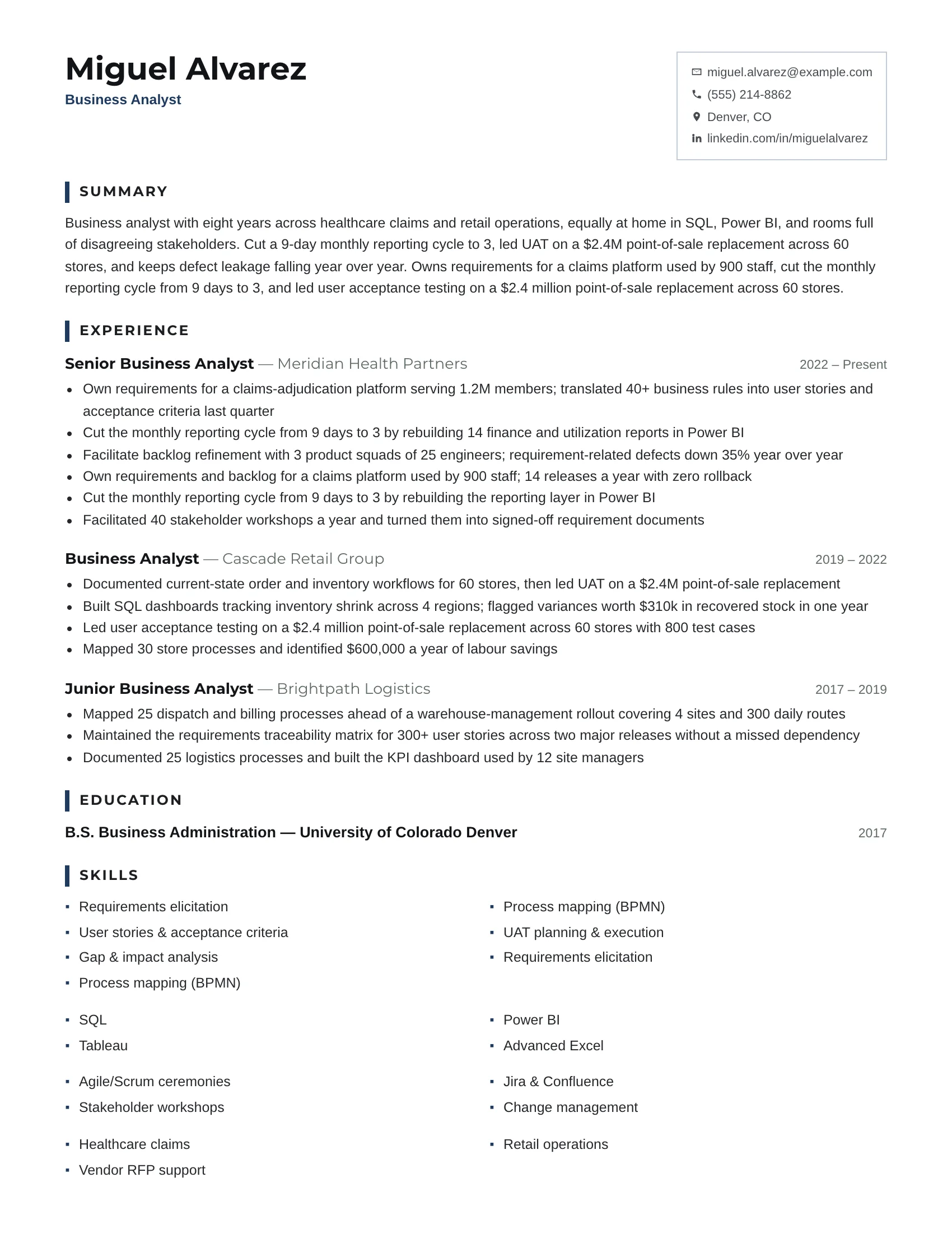 Business analyst resume example — sample document