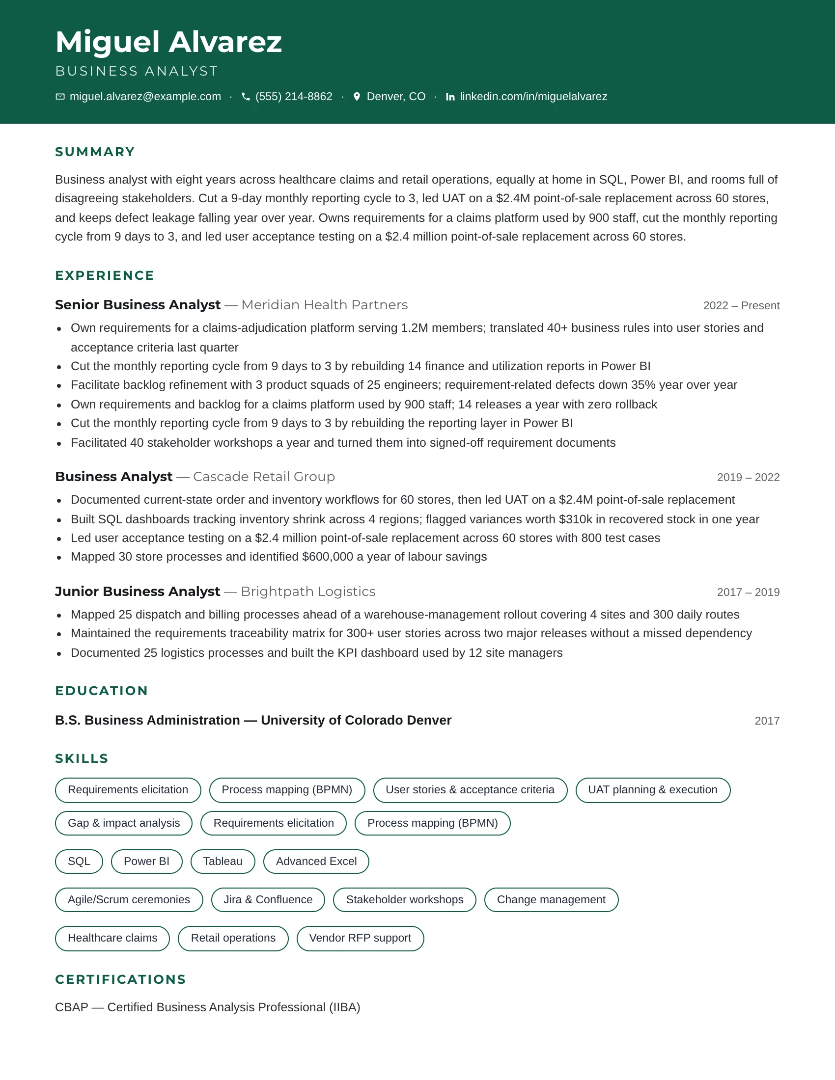 Business Analyst · Outline resume template preview