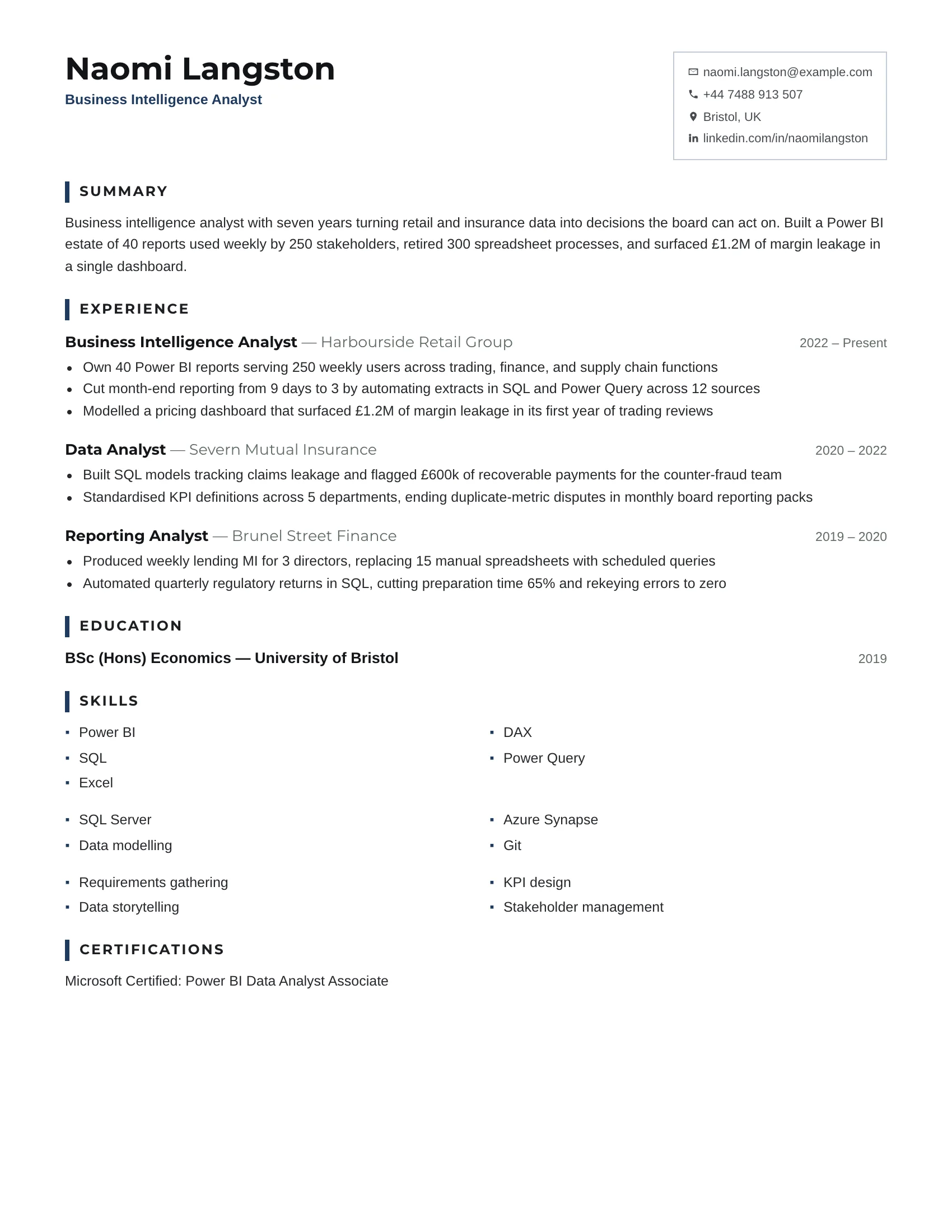 Business Intelligence Analyst · Smart resume template preview