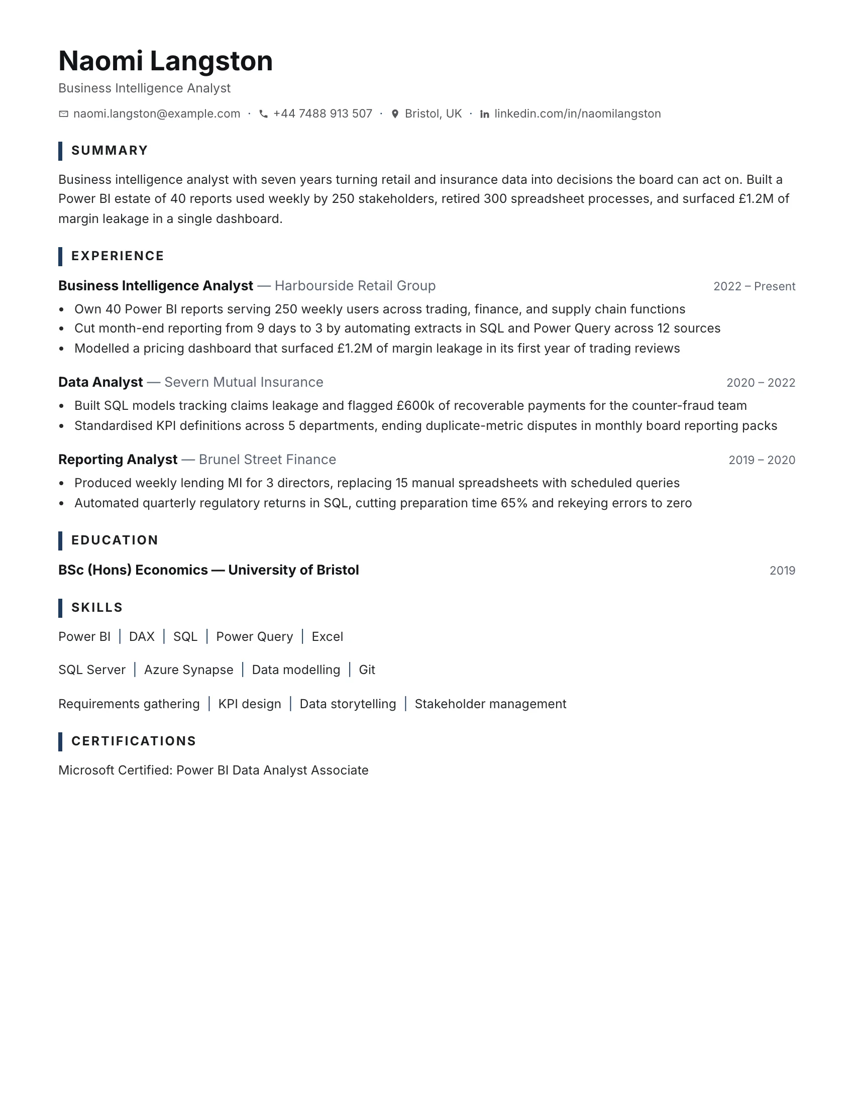 Business Intelligence Analyst · Clean resume template preview