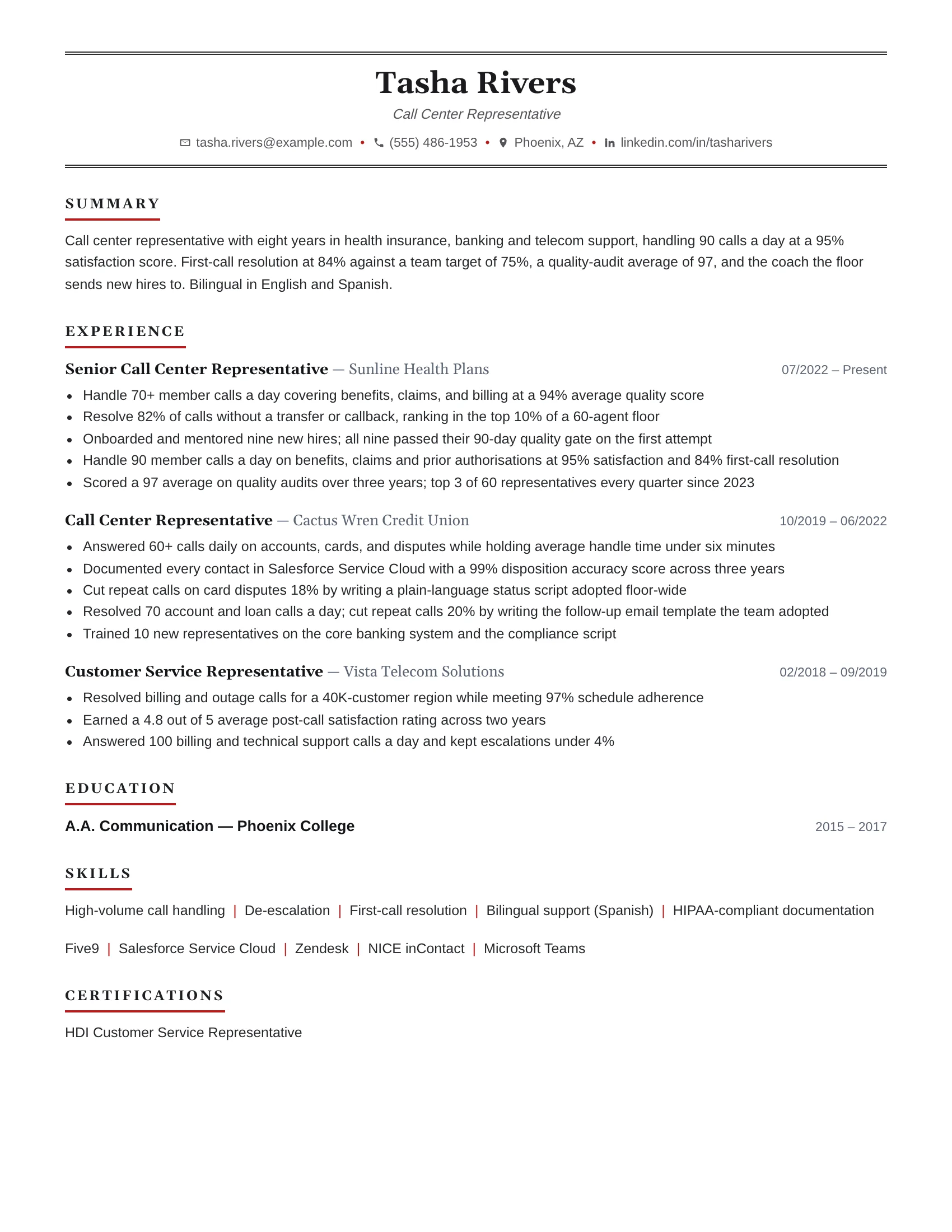 Customer service resume example — sample document