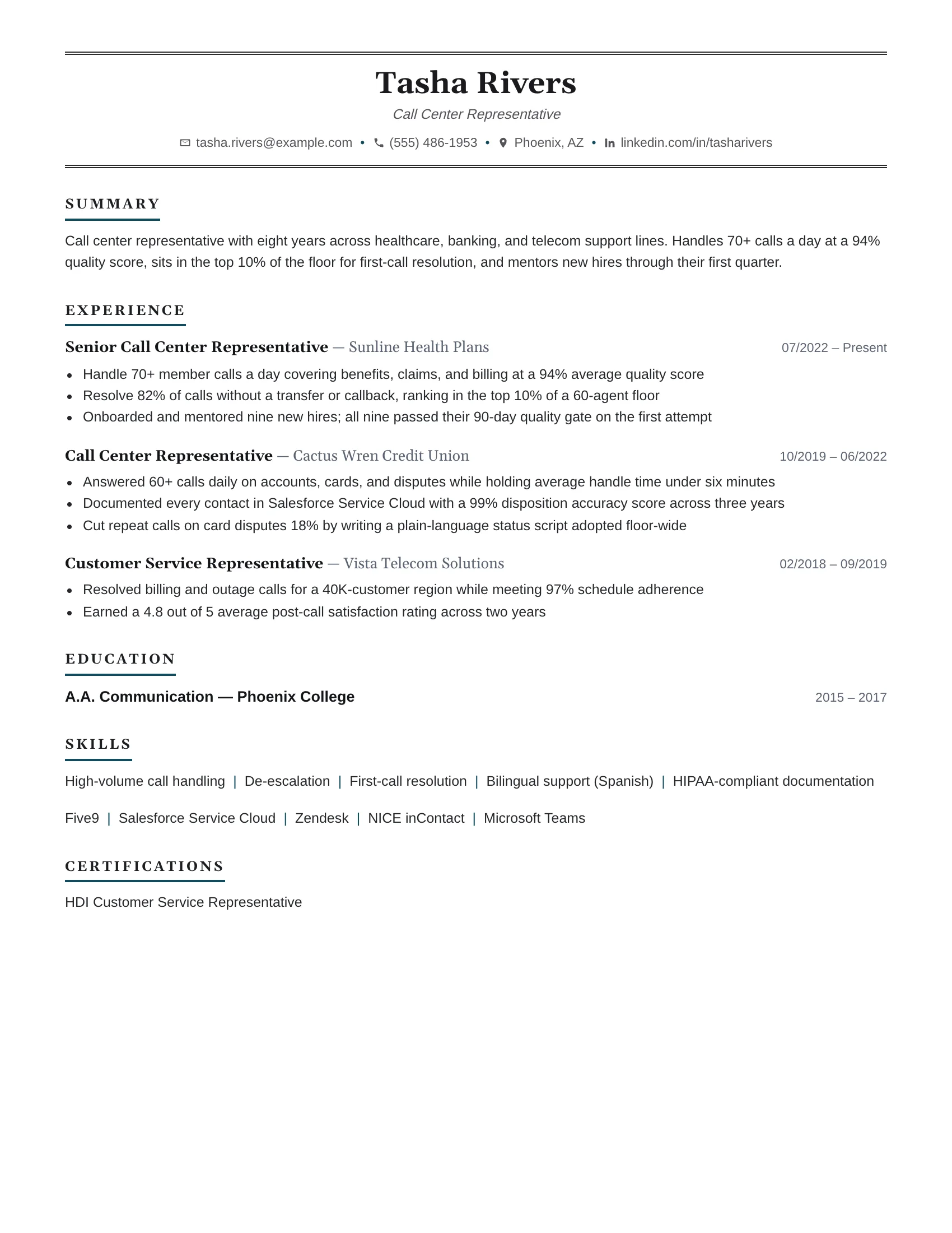 Call Center · Headset (Teal) resume template preview