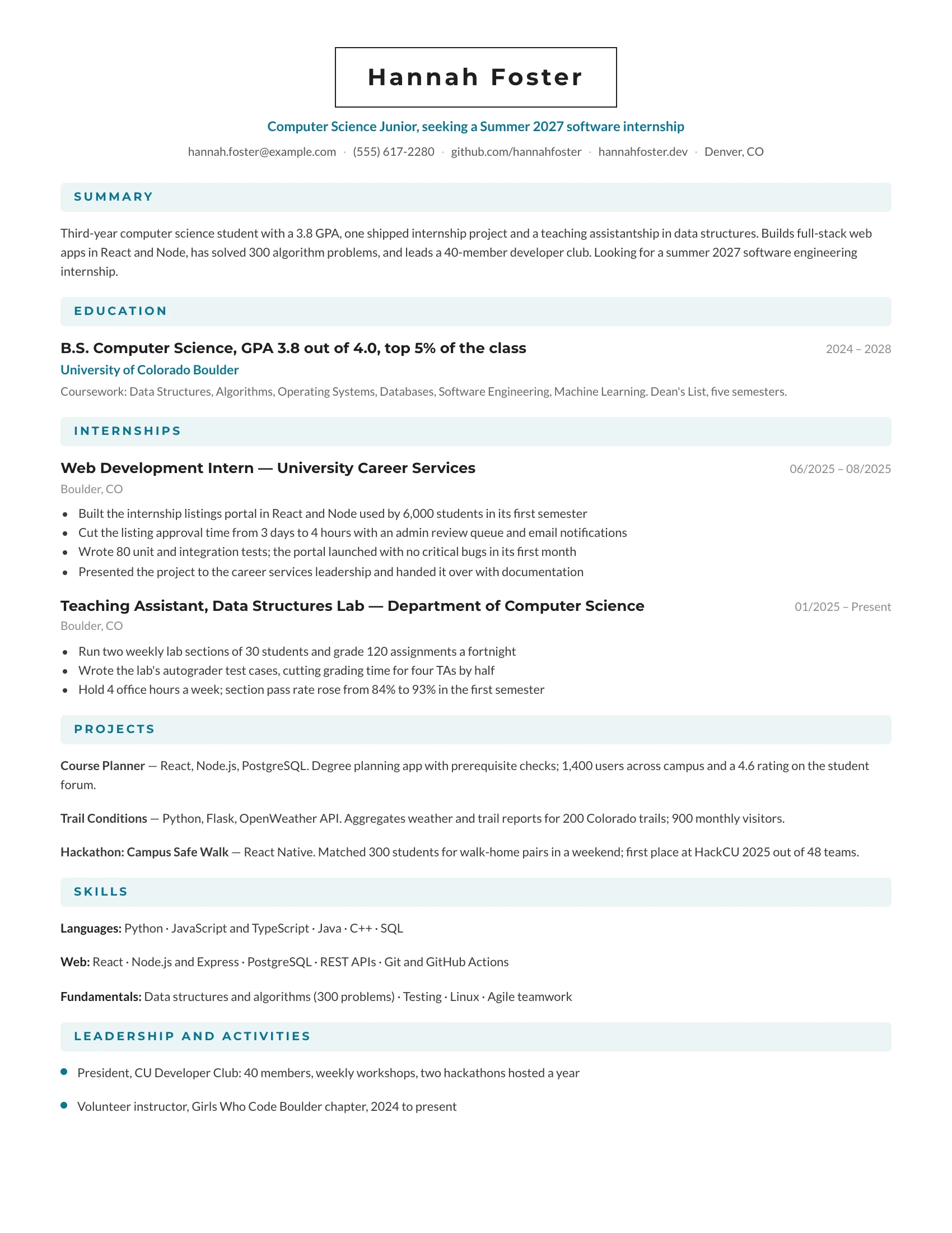 Internship · Campus (Teal) resume template preview