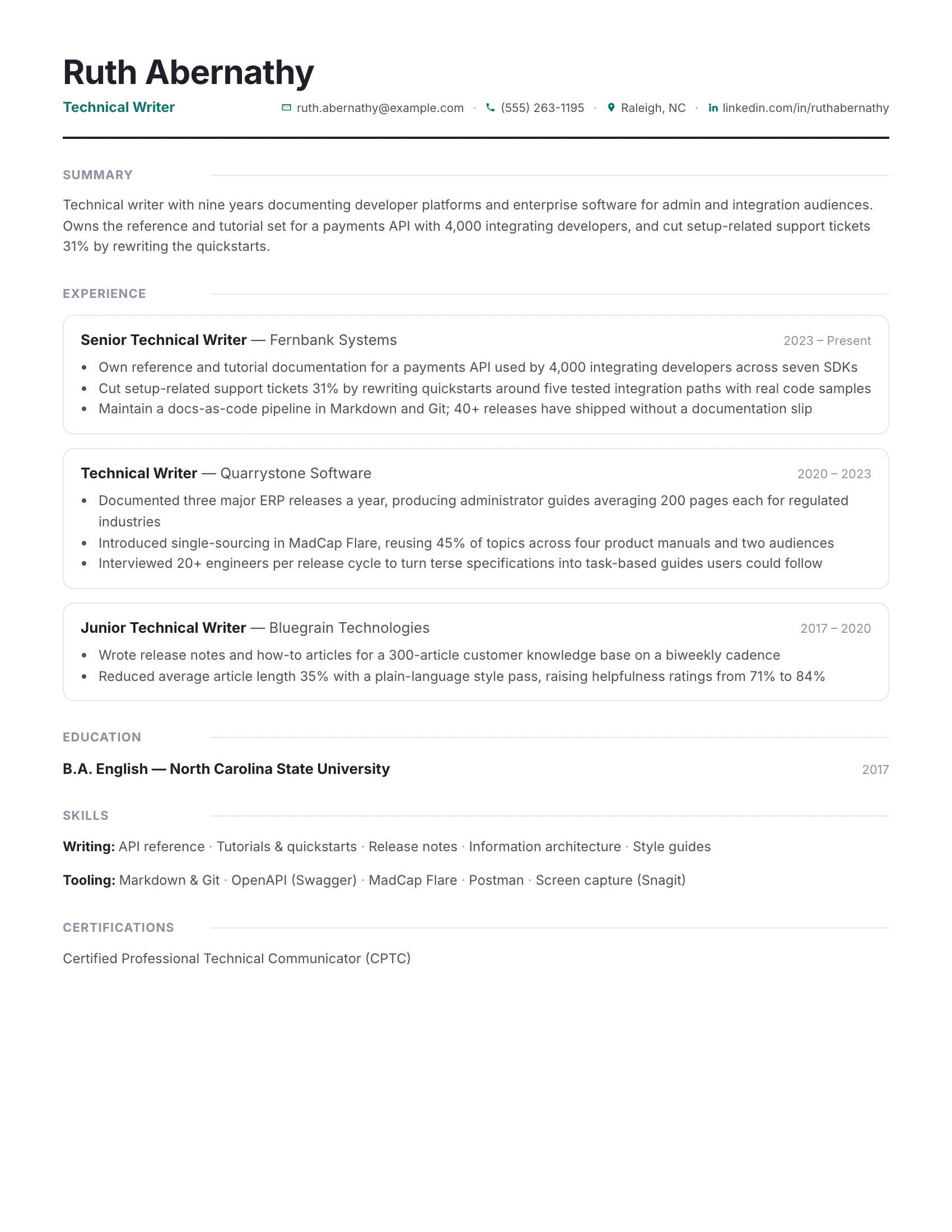 Technical Writer · Railline (Teal) resume template preview
