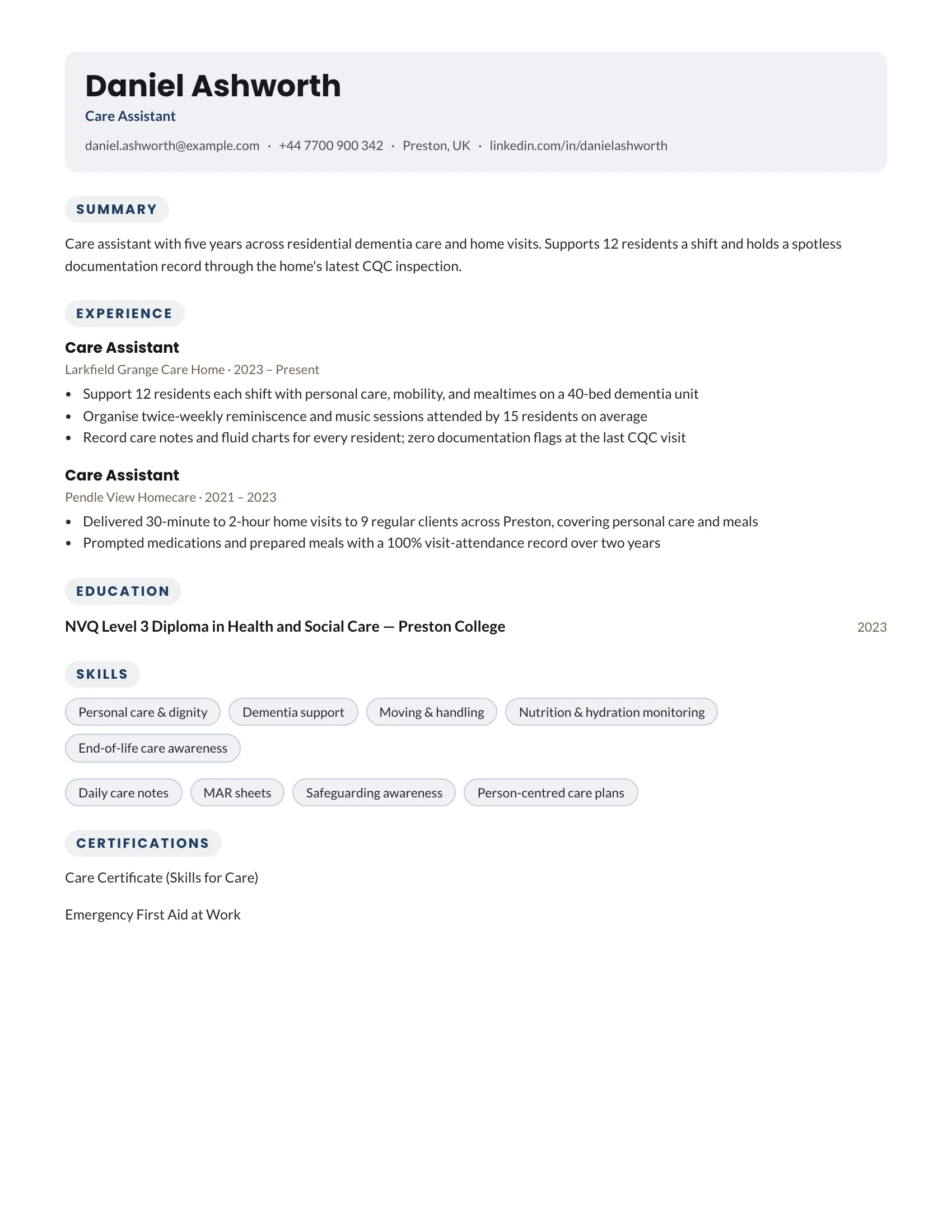 Care Assistant · Sunny resume template preview