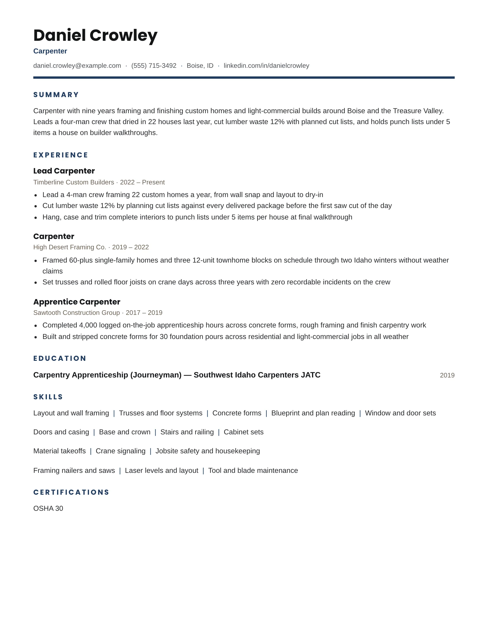 Carpenter · Boldline resume template preview