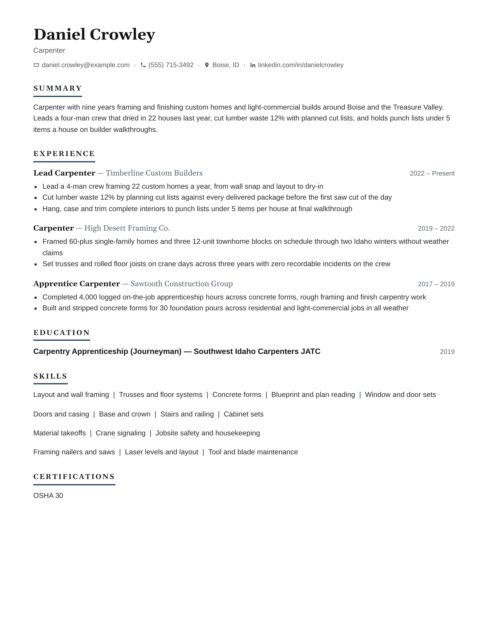 Carpenter · True resume template preview