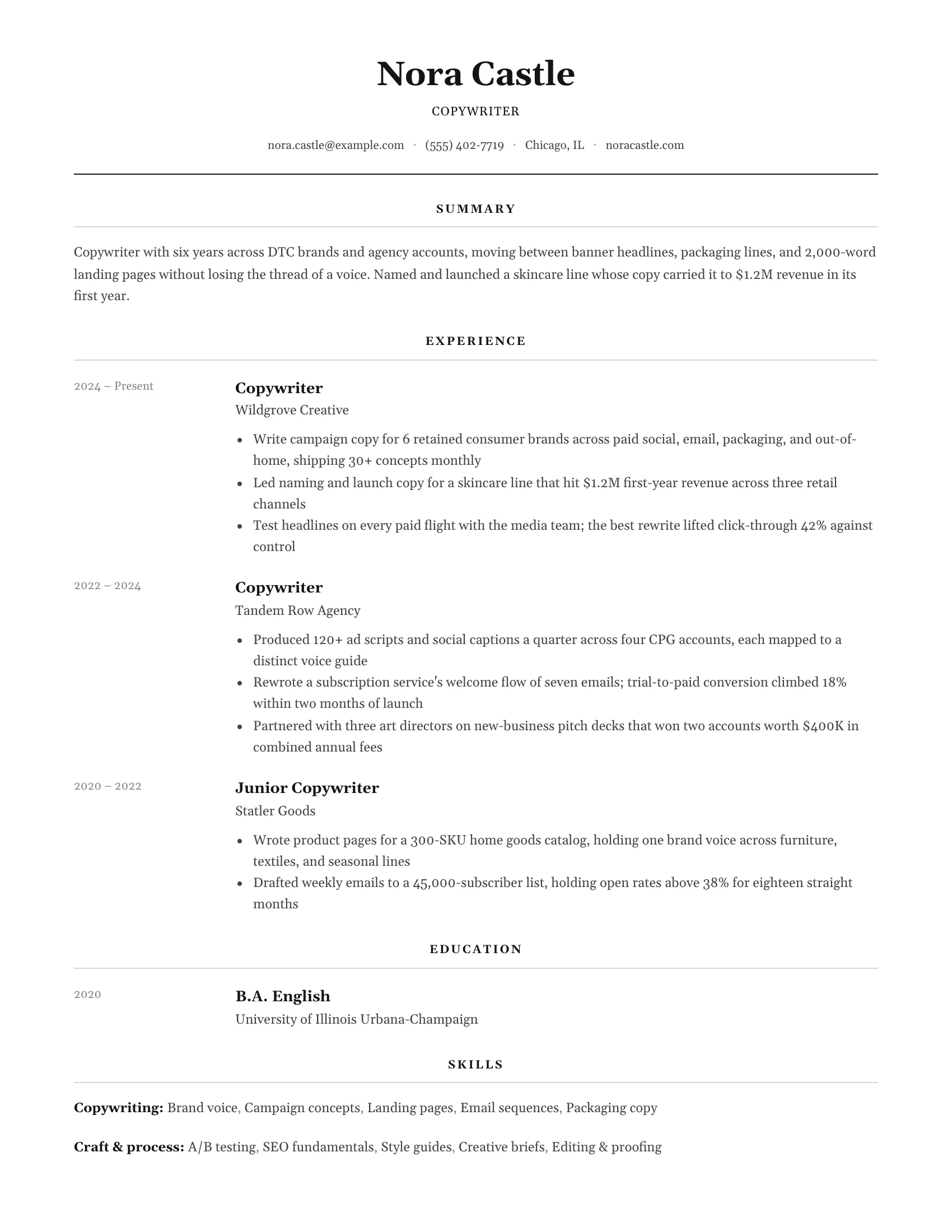 Copywriter · Centred resume template preview