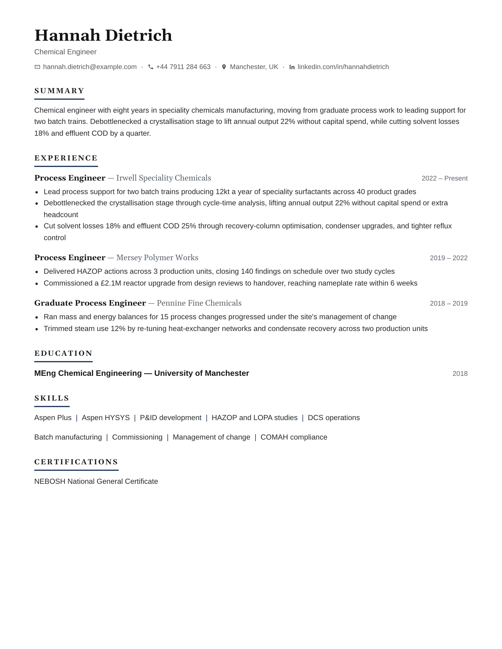 Chemical Engineer · True resume template preview