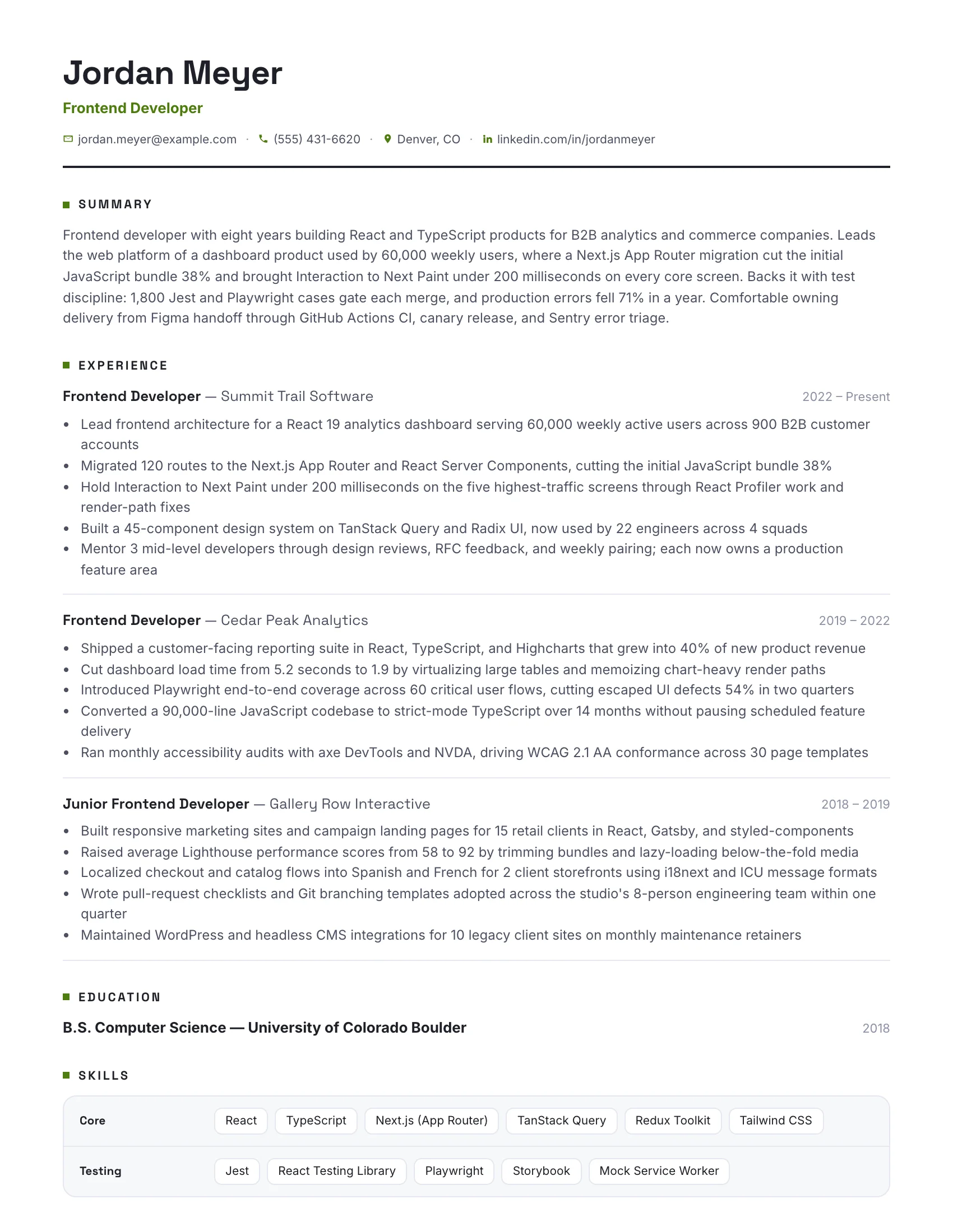 Frontend Developer · Matrix resume template preview