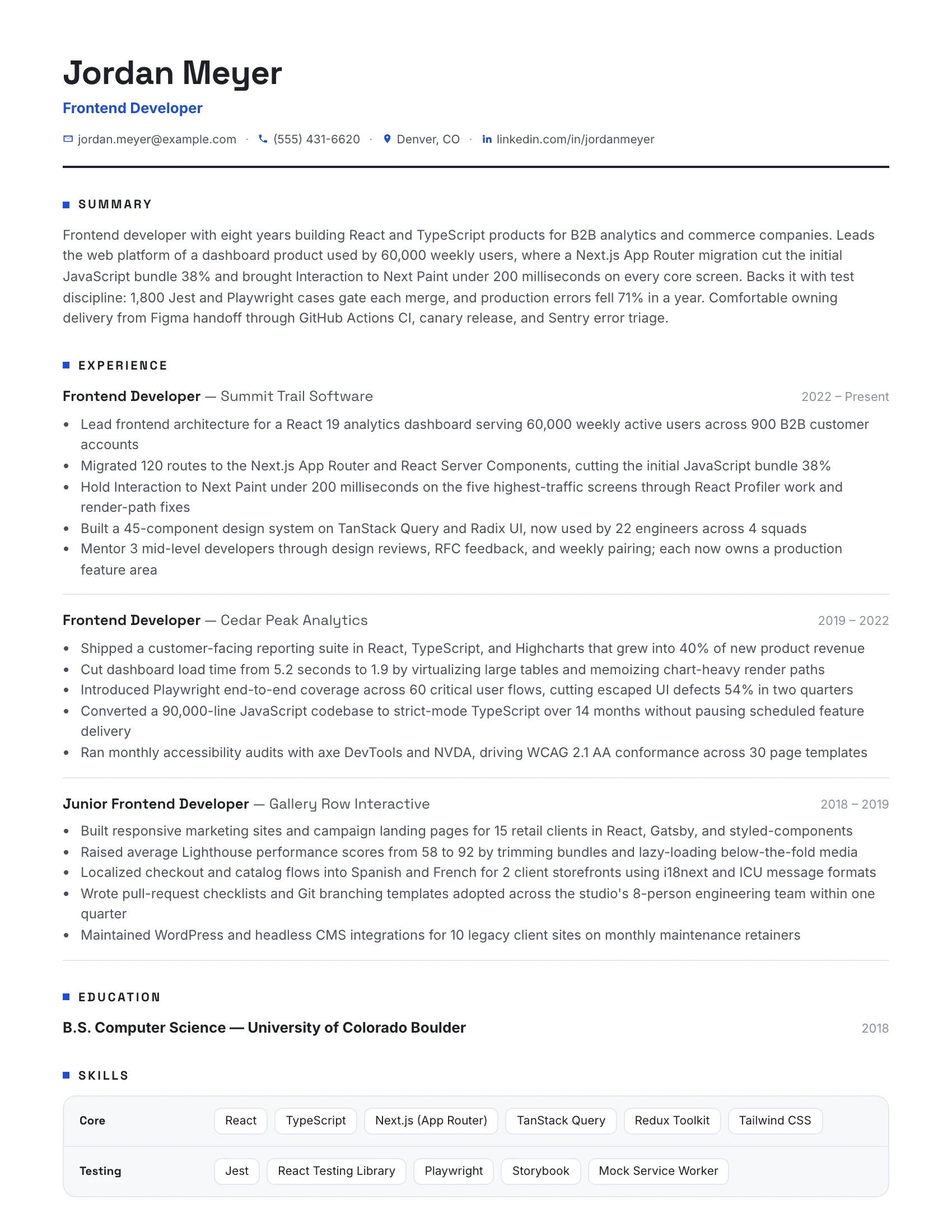 Frontend Developer · Matrix (Blue) resume template preview