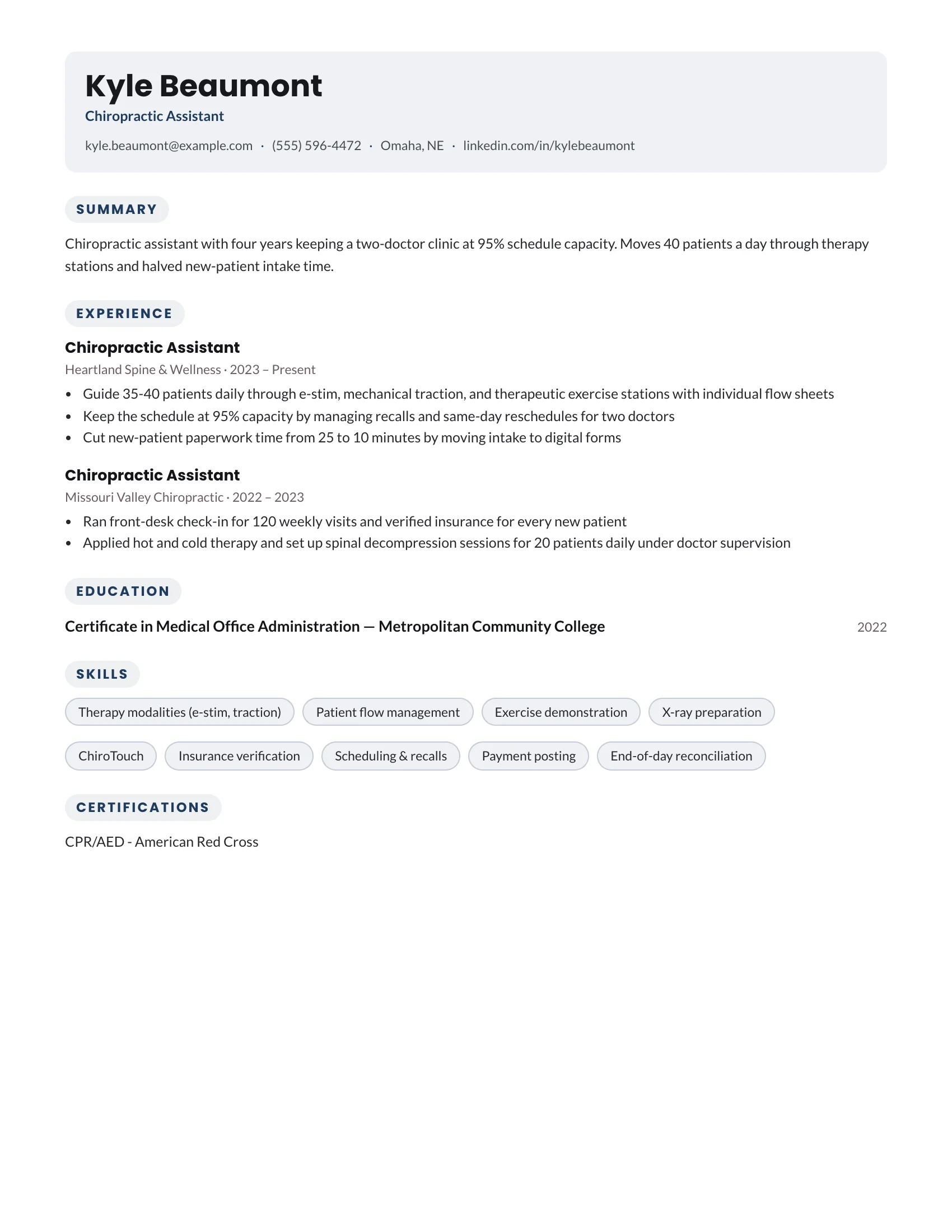 Chiropractic Assistant · Soft resume template preview
